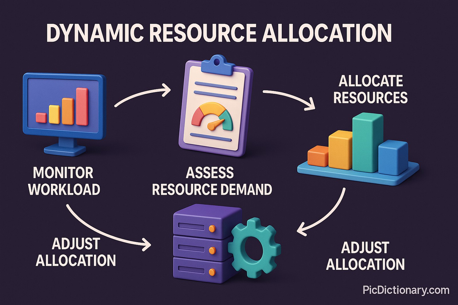  A 3D infographic titled “DYNAMIC RESOURCE ALLOCATION” on a dark purple background, showing a four-step workflow in a circular layout. The steps are: “Monitor Workload” (illustrated with a monitor displaying a bar chart), “Assess Resource Demand” (clipboard with a gauge), “Allocate Resources” (bar graph on a platform), and “Adjust Allocation” (servers with a gear)
