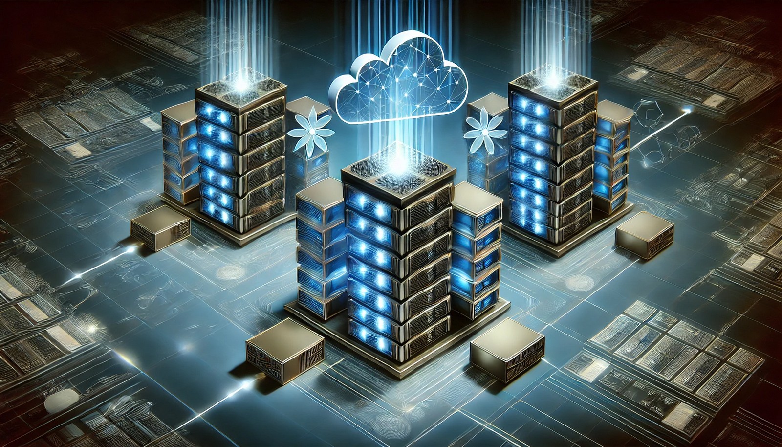 A futuristic digital illustration of dynamic resource allocation in cloud computing. The image features servers dynamically adjusting with glowing data blocks resizing, interconnected nodes, and a cybernetic theme representing adaptive resource management.