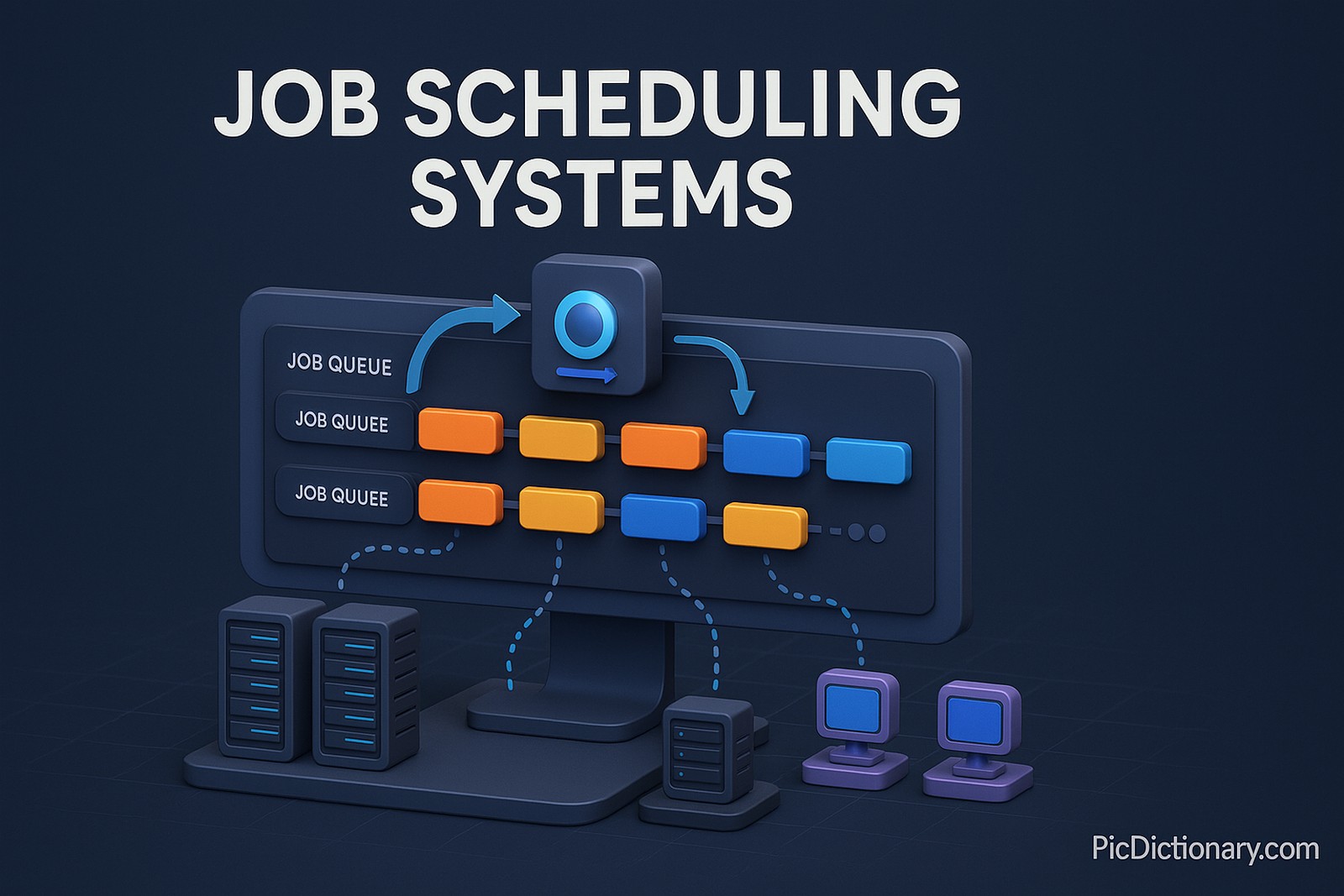 A 3D-rendered illustration of a digital control center representing a Job Scheduling System. The scene shows a sleek dashboard interface with multiple job queues visualized as horizontal timelines, each containing labeled task blocks moving from left to right. There are interconnected server racks and worker nodes below these timelines, visually indicating task assignment. A central AI controller or job manager is shown at the top directing jobs using dynamic arrows and dotted paths. 