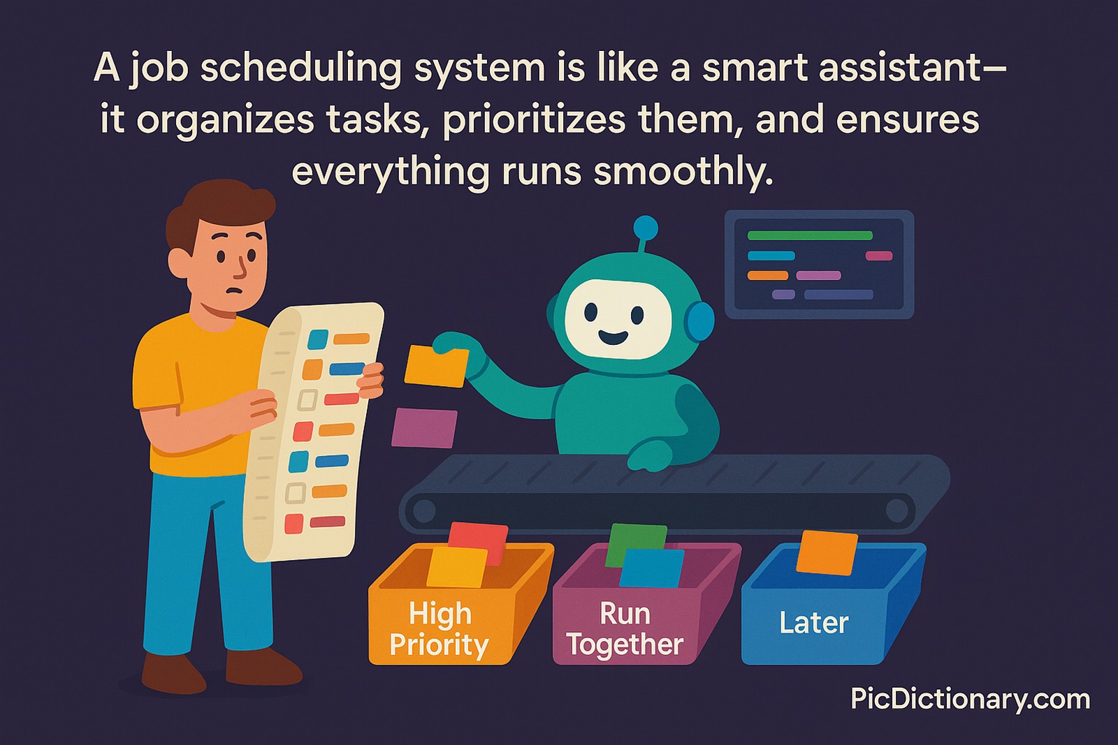 "A job scheduling system is like a smart assistant—it organizes tasks, prioritizes them, and ensures everything runs smoothly."  Additionally, the image contains labeled task trays with the following texts:      High Priority      Run Together      Later