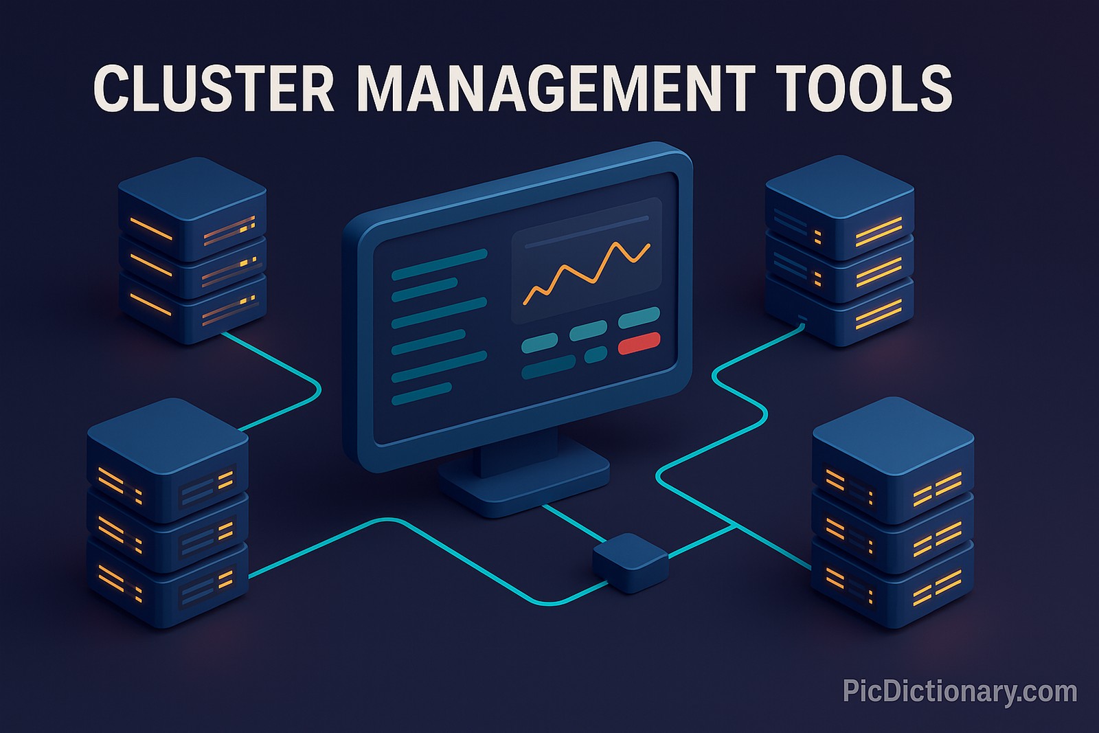 A 3D rendered illustration showing a network of interconnected computer clusters being managed through a central control dashboard. Each cluster is represented as a group of glowing servers, connected by lines to a main control node with a user interface displaying charts, graphs, and system status indicators.