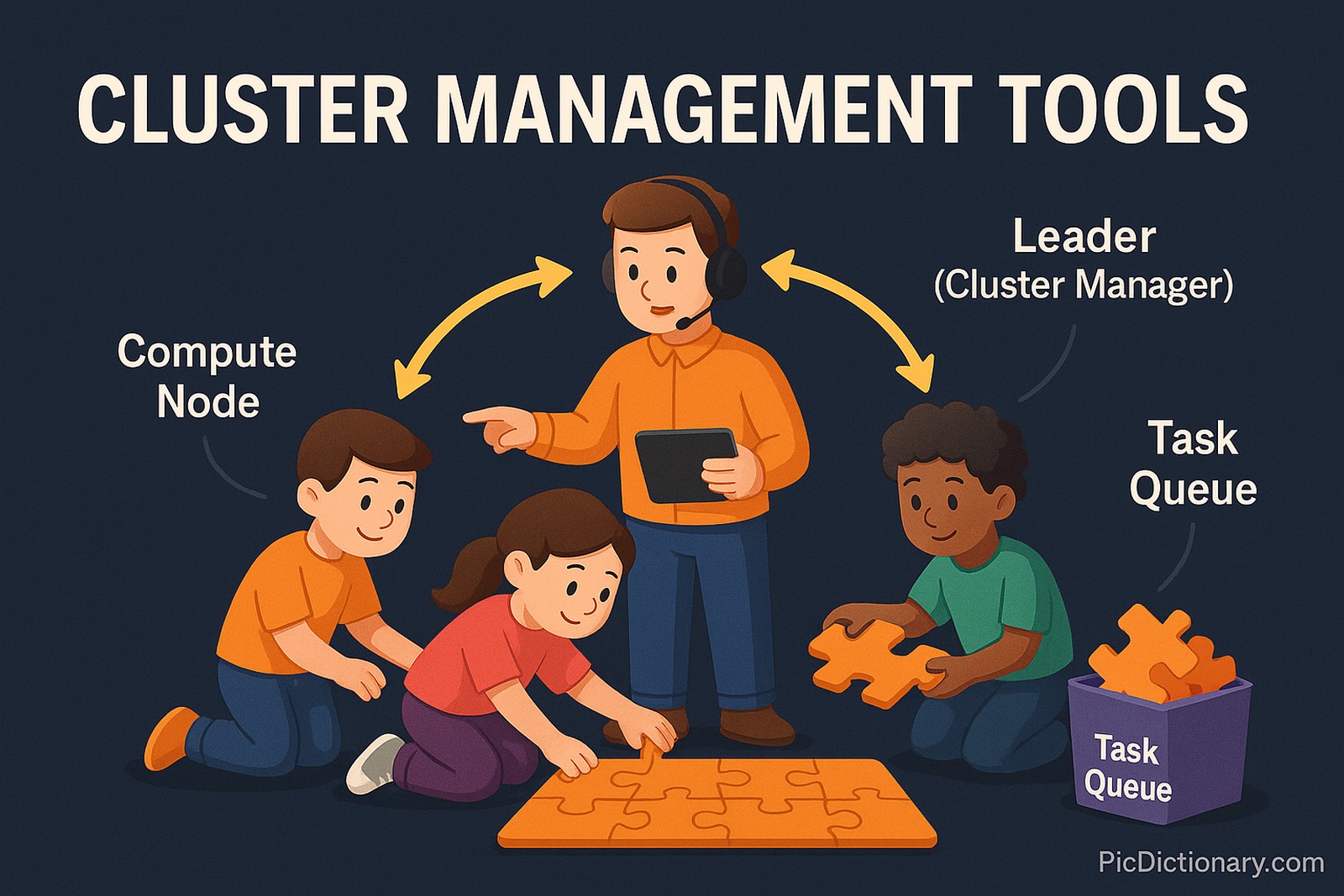 A 3D illustration showing a group of animated people working on a giant puzzle. Some characters are placing pieces, others are searching through a pile, while one character in the center (wearing a headset and holding a tablet) coordinates the effort with glowing arrows connecting team members. Each worker represents a computer in a cluster. The central figure represents the cluster management tool, ensuring balanced and efficient work.