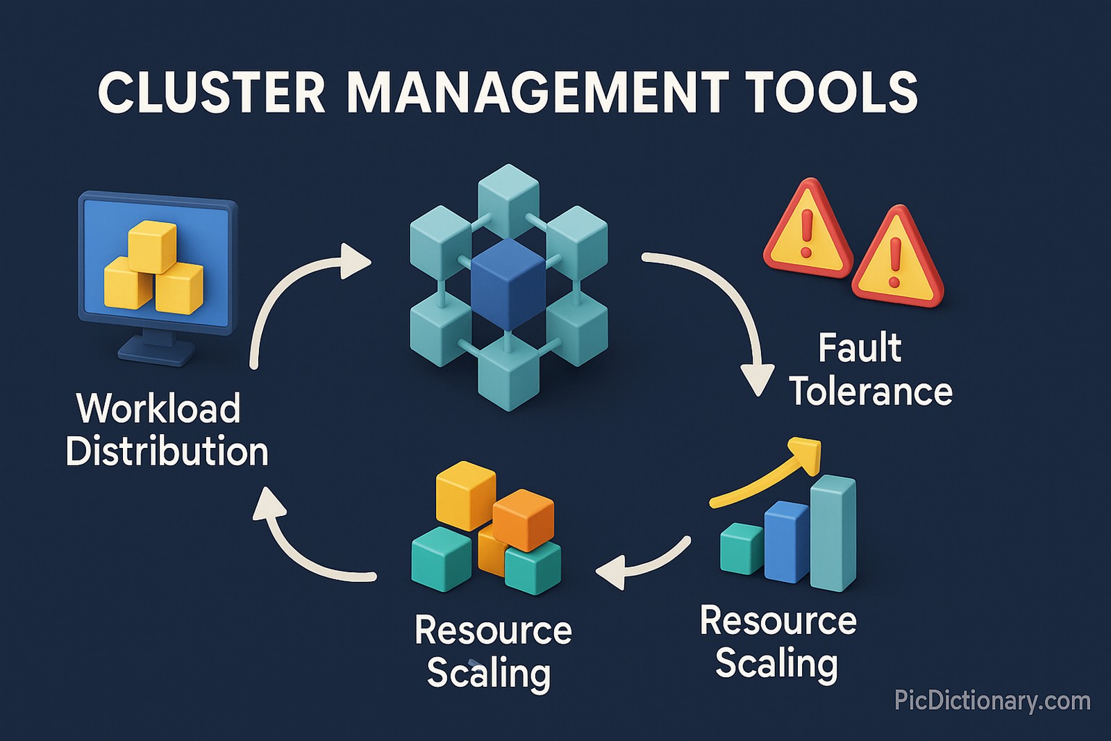 A 3D-rendered infographic on a dark blue background explains "Cluster Management Tools" using a circular workflow. It includes four main labeled icons: "Workload Distribution" with a monitor and cubes, a central cluster of connected blocks, "Fault Tolerance" with warning signs, and "Resource Scaling" with two different icons—stacked cubes and a rising bar chart—highlighting growth.