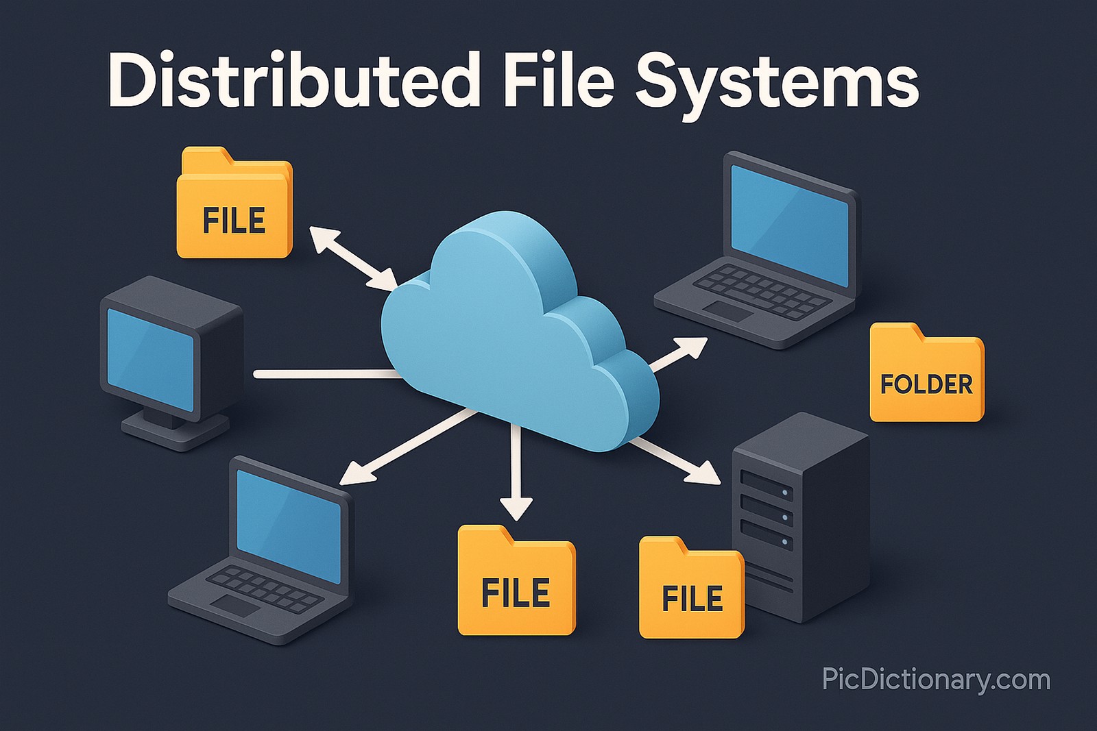 3D rendered illustration of a distributed file system. The scene shows multiple computer nodes (desktops, laptops, and servers) connected to a shared cloud-like storage hub in the center, representing the distributed file system. Each node has labeled folders or files with arrows pointing to and from the central storage, illustrating data access and sharing. The title "Distributed File Systems" is prominently displayed at the top. 