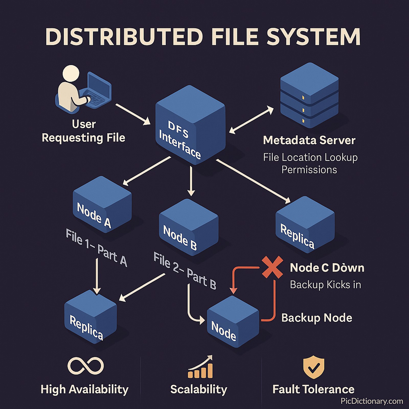 3D infographic illustrating the concept of a Distributed File System (DFS) in a 16:9 dark-themed image. The workflow begins with a "User Requesting File" icon at the top left. Arrows guide the flow to a "DFS Interface" node, showing a unified file system view. From there, multiple arrows fan out to "Storage Nodes" labeled Node A, Node B, and Node C, each storing parts of different files (e.g., File 1 - Part A, File 2 - Part B). A "Metadata Server" is shown separately, connected to both the interface and storage nodes, handling file location lookup and permissions. 