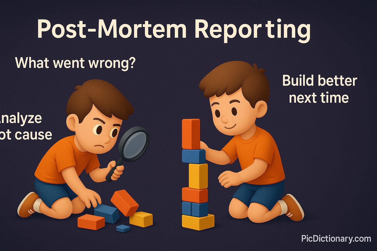 A 3D illustration showing a toppled block tower on one side and a child examining the fallen blocks with a magnifying glass. On the other side, the same child is rebuilding a new tower with stronger, balanced blocks. Floating text labels read: “What went wrong?”, “Analyze root cause”, and “Build better next time”