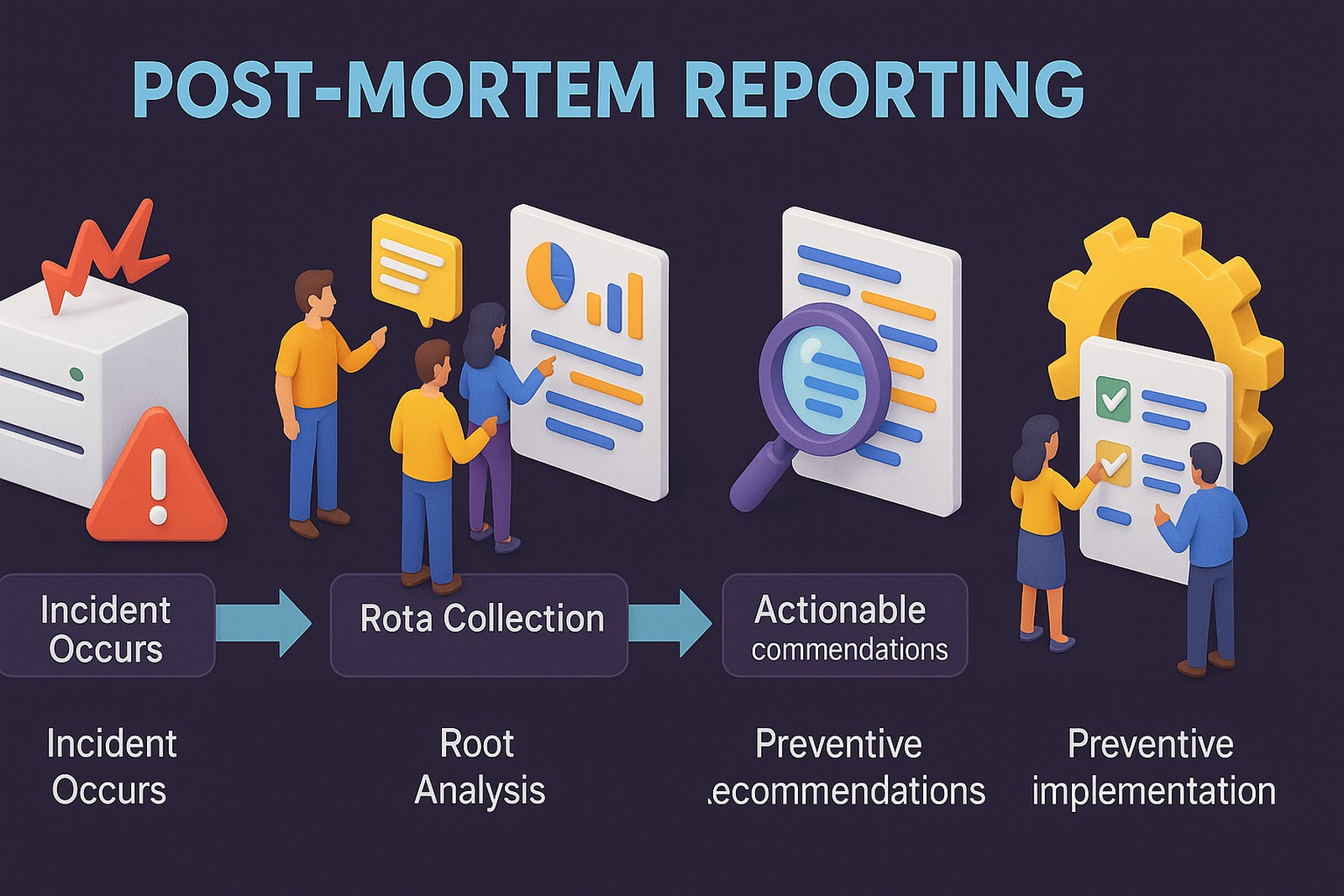 Incident Occurs – A broken server icon with alert symbols.  Data Collection – Team gathering logs and system data, shown with charts and documents.  Root Cause Analysis – A magnifying glass over code or architecture diagrams.  Actionable Recommendations – A checklist being created by a team.  Preventive Implementation – A gear icon with a shield, representing fixes applied to prevent recurrence.
