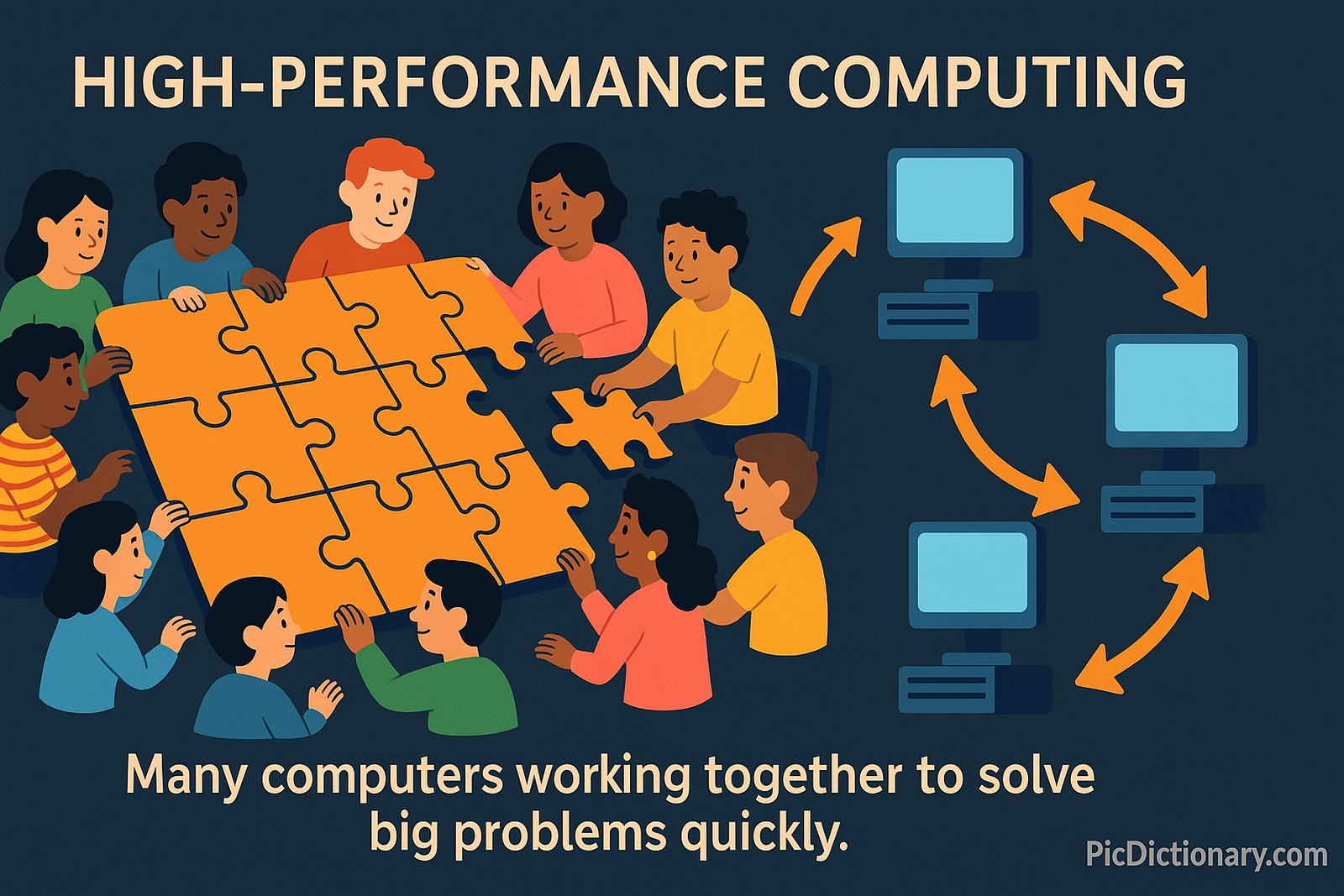 A 3D illustration showing a giant puzzle being solved by a large group of cartoon-style characters. Each person is working on a different piece of the puzzle, representing teamwork. In the background, several computers are connected in a network, symbolizing the computing aspect