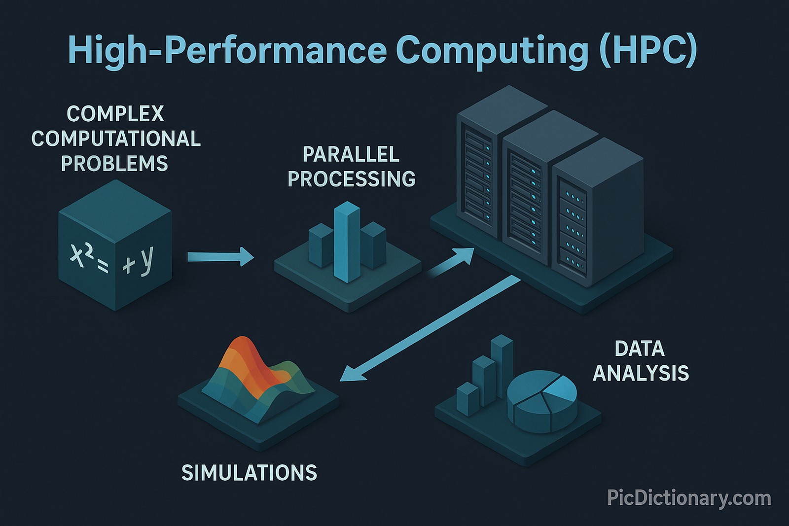  A 3D-style infographic titled “High-Performance Computing (HPC)” on a dark background. It shows a step-by-step workflow: a cube labeled “Complex Computational Problems” leads to “Parallel Processing” represented by bar graphs, which connects to a server rack symbolizing supercomputers.