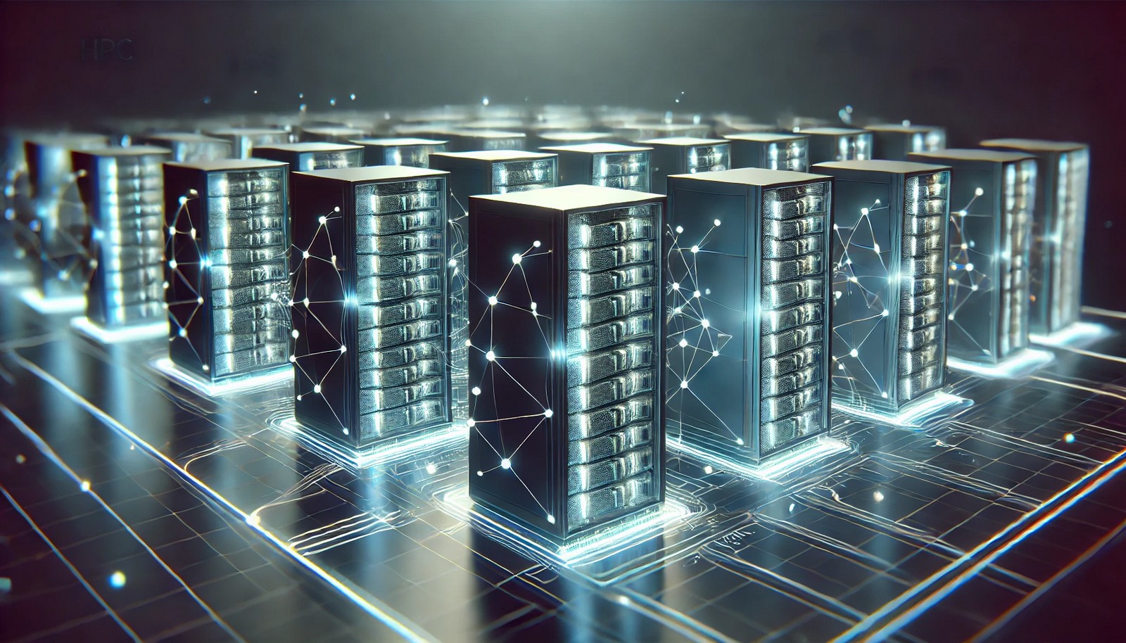  A futuristic digital illustration of High-Performance Computing (HPC) showcasing interconnected high-performance servers and supercomputers. Glowing data connections highlight parallel processing, creating a high-tech, minimalistic representation of computational power.