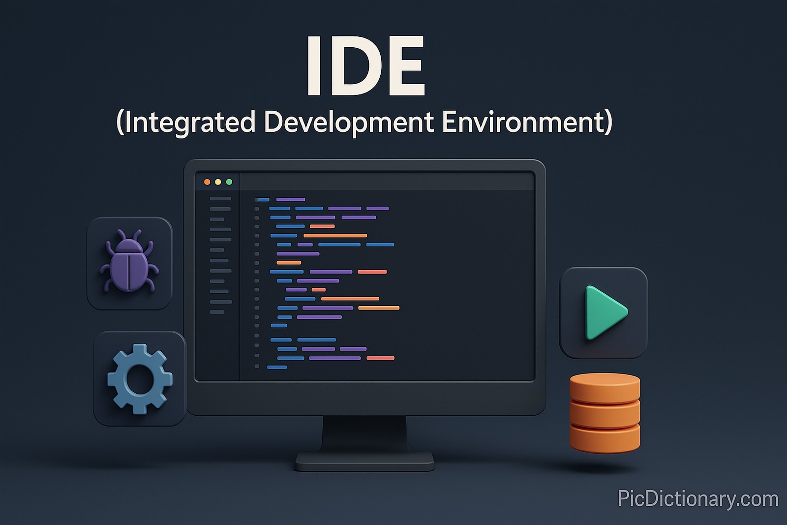 3D rendered image illustrating the concept of an IDE (Integrated Development Environment). The scene shows a sleek, modern dark-themed workspace with a central computer monitor displaying a colorful code editor with syntax highlighting. Surrounding the monitor are 3D icons representing key IDE tools like a bug (debugger), gear (build tools), play button (run), and database symbol (integrated database access)