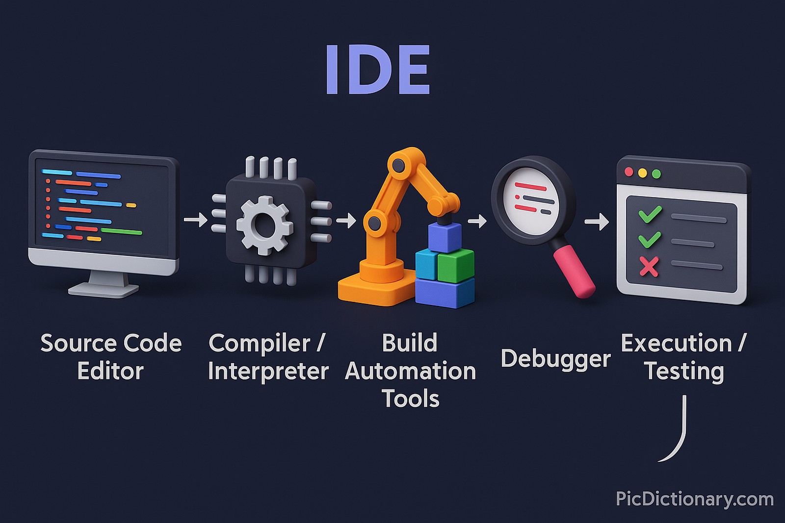 All steps are connected with arrows and labeled clearly in concise text. The illustration combines realistic 3D visual elements with a clean, modern design, visually explaining how an IDE integrates multiple tools to assist developers throughout the software development cycle.