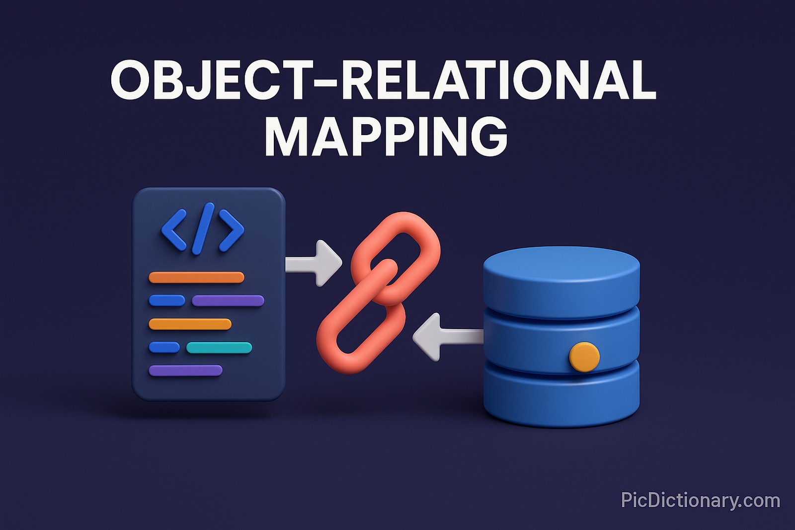 3D-rendered image showing "Object-Relational Mapping" in bold white text on a dark purple-blue background. On the left, a stylized coding panel with colorful lines represents programming code. On the right, a cylindrical blue database icon represents the relational database. Between them, a bright red 3D chain link connects both visuals, symbolizing the mapping relationship. 