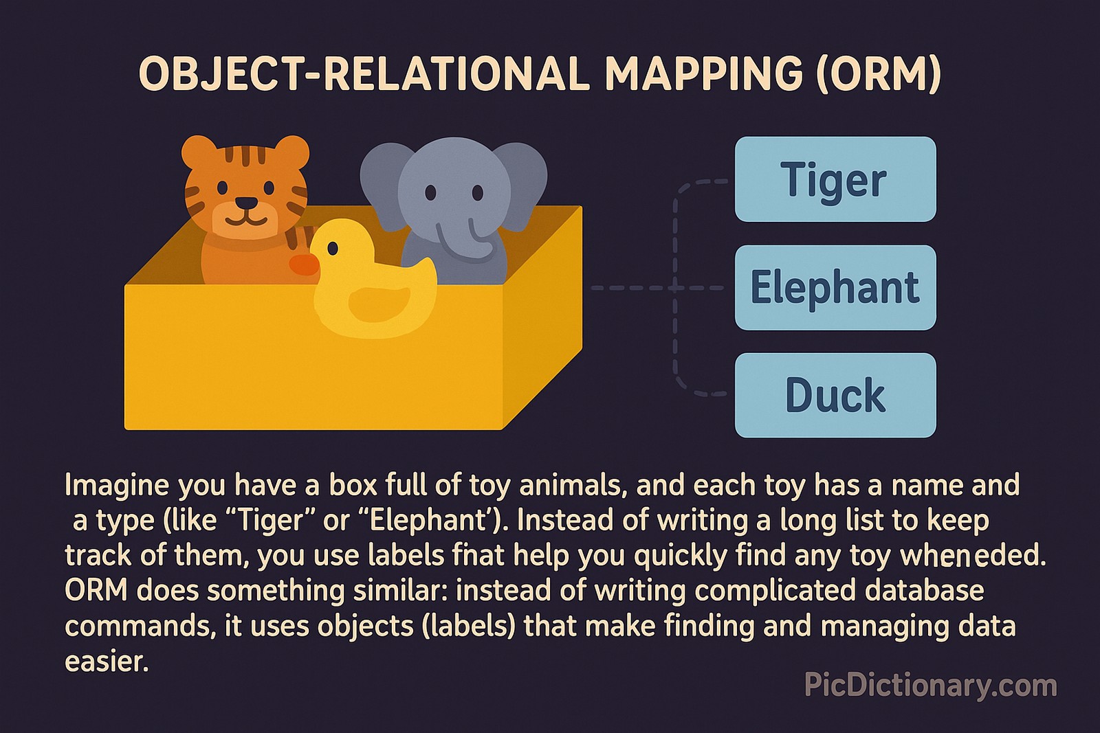 A 2D digital illustration on a dark purple background explains Object-Relational Mapping (ORM). A yellow box holds toy figures of a tiger, elephant, and duck. Dashed lines connect these toys to labeled blue boxes on the right, reading "Tiger", "Elephant", and "Duck". 