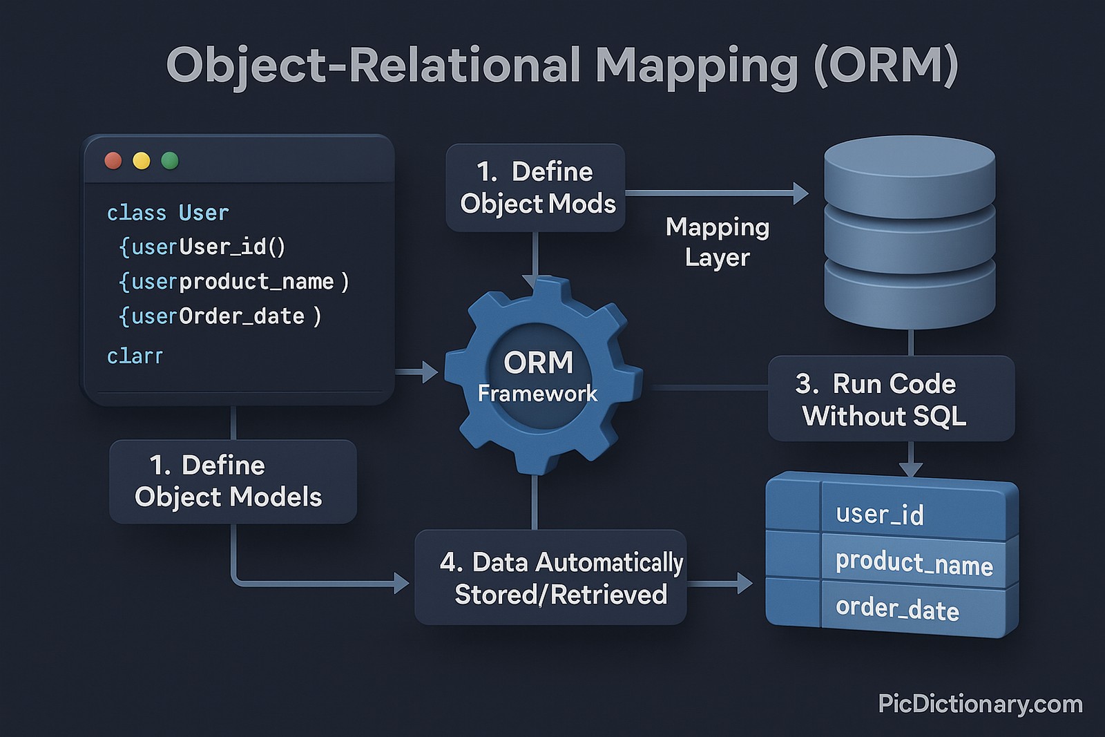 A 3D infographic illustrating the Object-Relational Mapping (ORM) process in software development. On the left, a code editor with labeled objects like User, Product, and Order in an object-oriented programming language. Arrows labeled “Mapping Layer” connect these objects to database tables on the right, with matching columns such as user_id, product_name, and order_date.