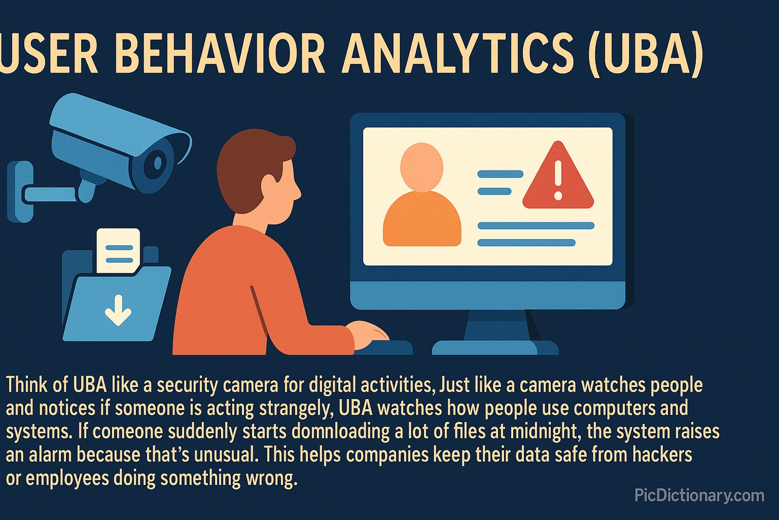 A flat-style digital illustration on User Behavior Analytics (UBA) showing a person monitoring a computer screen with an alert icon, a security camera, and a download folder icon. 