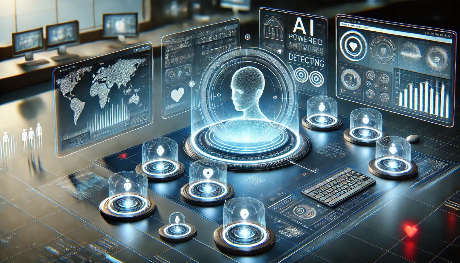  A futuristic AI-powered monitoring system analyzing user activities across multiple devices, highlighting anomalies with glowing indicators. The secure environment features holographic data visuals, emphasizing cybersecurity and anomaly detection.
