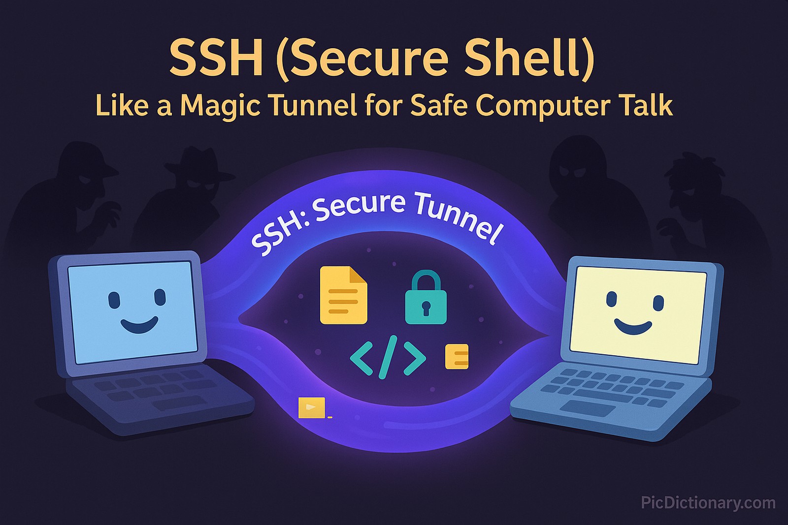 A 3D-style illustrated scene shows two cartoon-style computers far apart, each with a happy face on its screen, connected by a glowing, magical-looking tunnel that bends through a dark-colored cyberspace. The tunnel is labeled “SSH: Secure Tunnel.” Inside the tunnel, small files and commands flow between the two computers with glowing locks symbolizing security. Surrounding the tunnel are silhouettes of shady characters trying to eavesdrop, but failing due to the secure shield around the tunnel