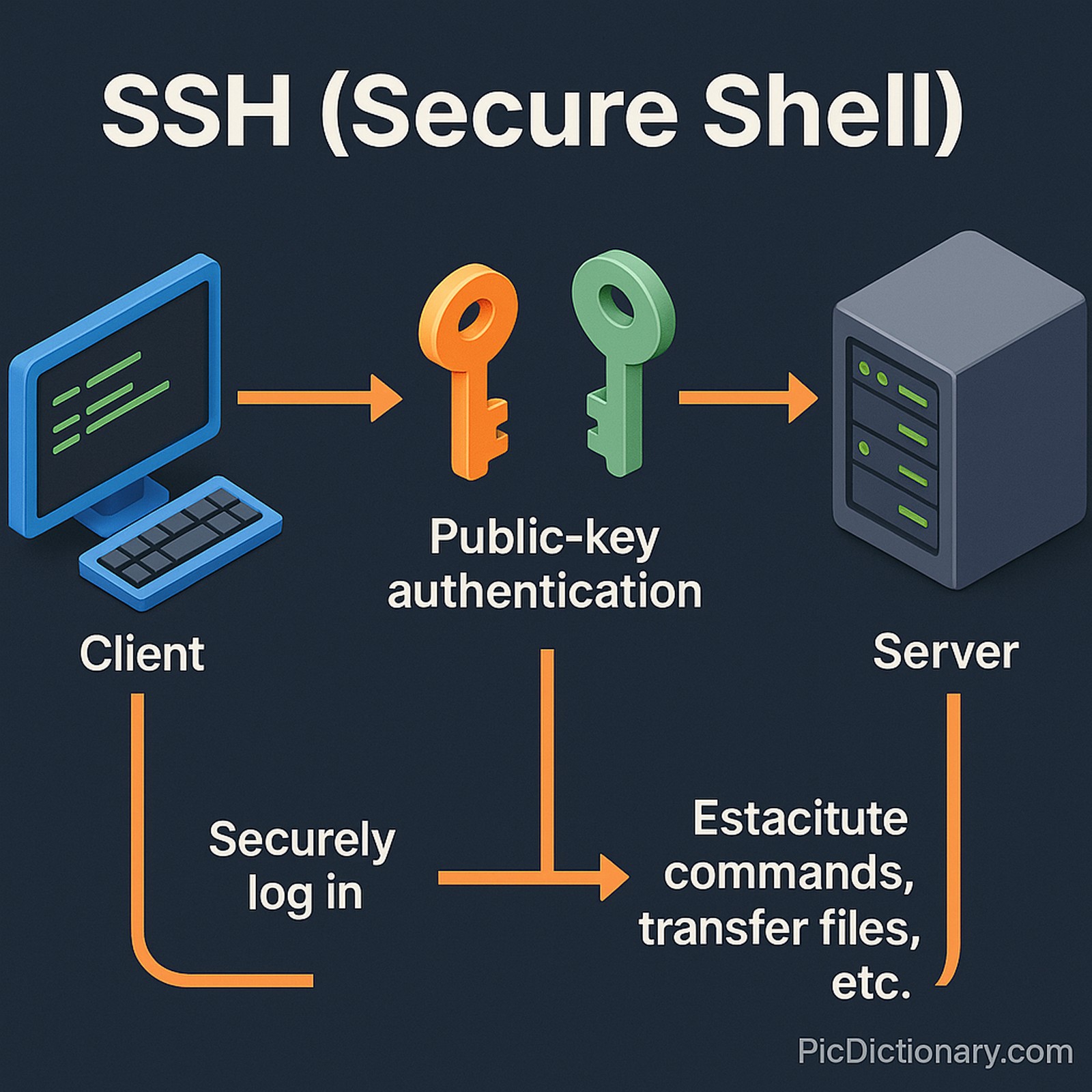A 3D isometric infographic visually explains the SSH (Secure Shell) process on a dark background. On the left, a blue client computer sends a connection request to the server on the right. In the middle, two keys represent public-key authentication. 