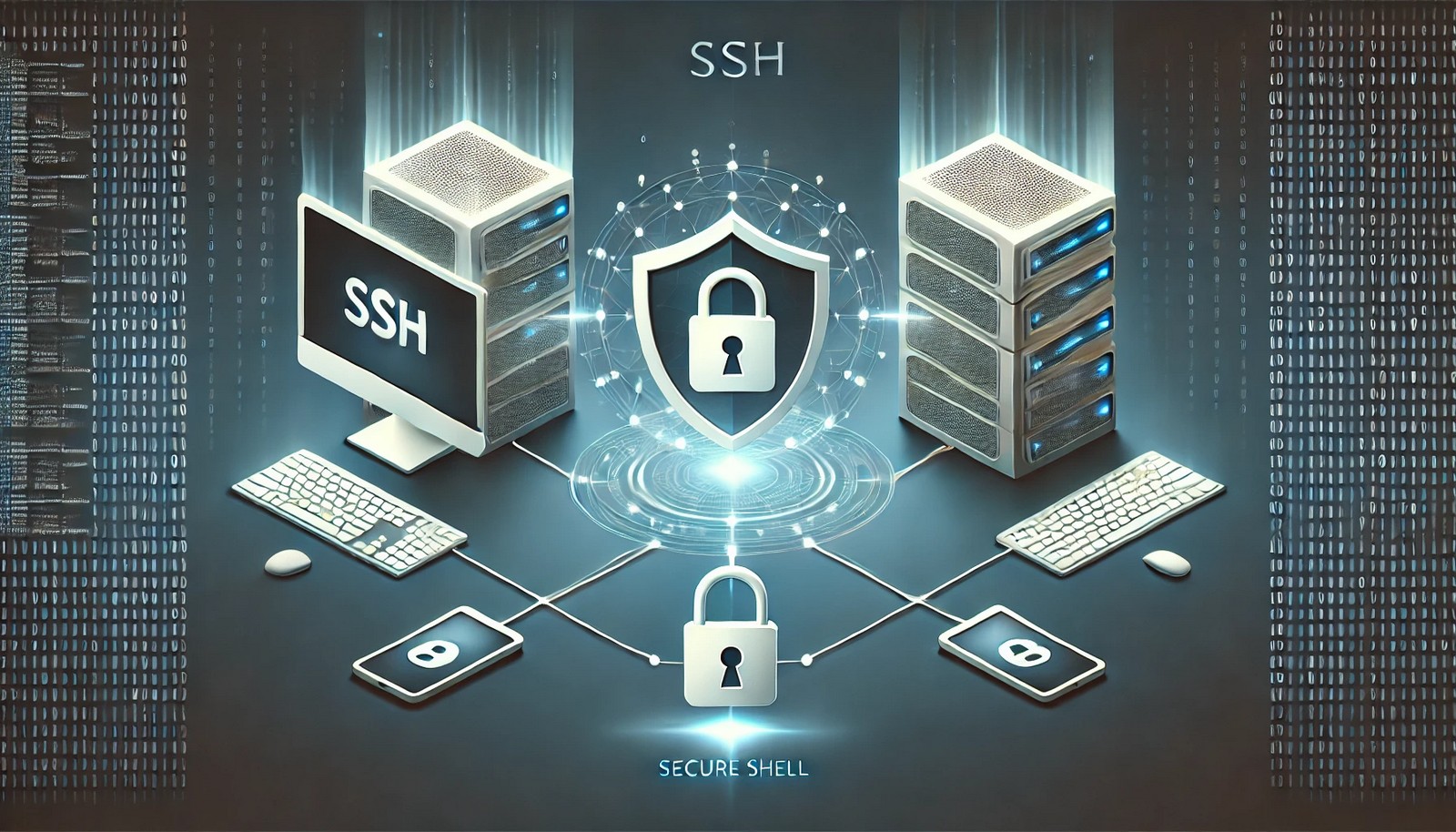  Minimalistic digital illustration of secure communication between a computer and server, connected by a glowing shielded tunnel with abstract security patterns, symbolizing encryption and protection.
