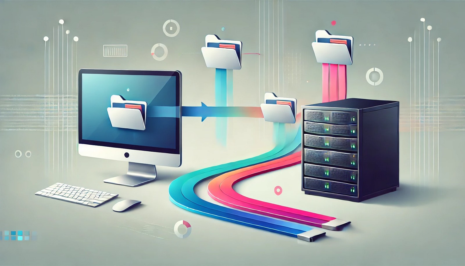 A clean illustration showing a desktop computer and a server with colorful arrows representing data transfer, folders and documents moving between them, symbolizing fast and secure file exchange visually.