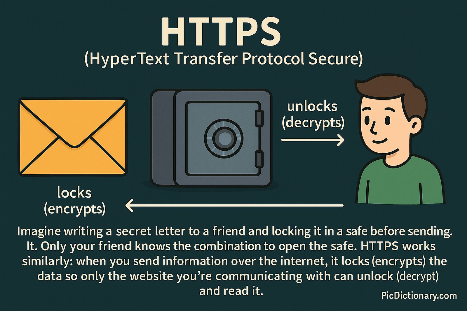A 2D digital illustration against a dark teal background explaining HTTPS. On the left, there's a yellow envelope labeled “locks (encrypts)” pointing to a gray safe in the center. To the right of the safe, a smiling person is shown with an arrow labeled “unlocks (decrypts)” pointing toward them. Below, the text explains: “Imagine writing a secret letter to a friend and locking it in a safe before sending it.