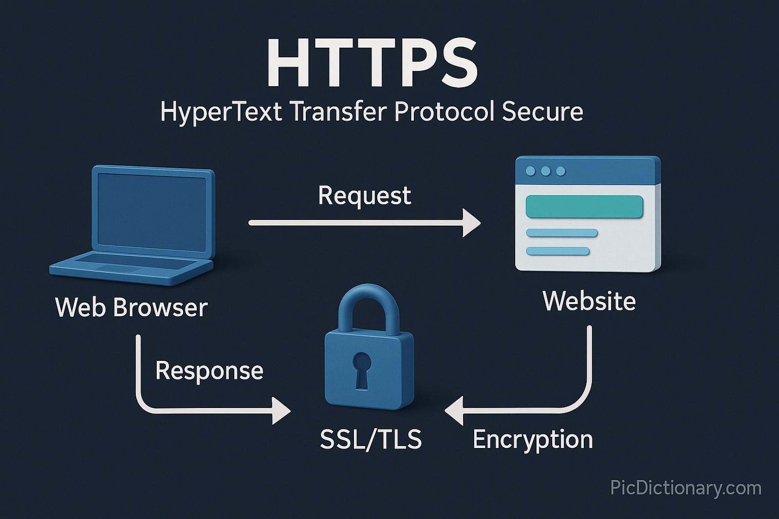 3D infographic showing the HTTPS (HyperText Transfer Protocol Secure) process with icons for a web browser, a website, and a padlock labeled SSL/TLS. 