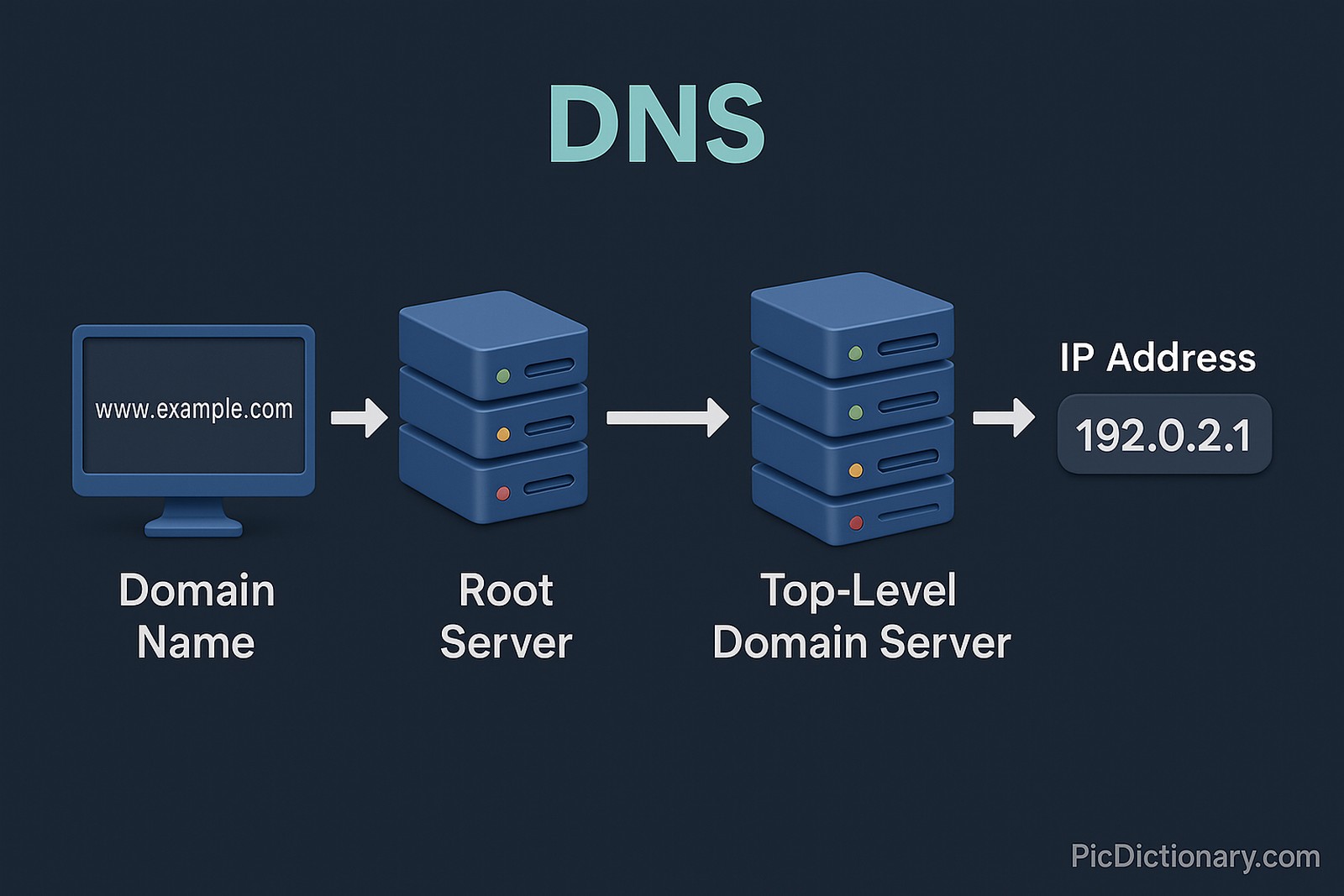A digital infographic from PicDictionary.com visually explains the DNS process with 3D elements on a dark background. It shows a computer sending a domain name request to a root server, which forwards it to a top-level domain server, and finally to an IP address (192.0.2.1).