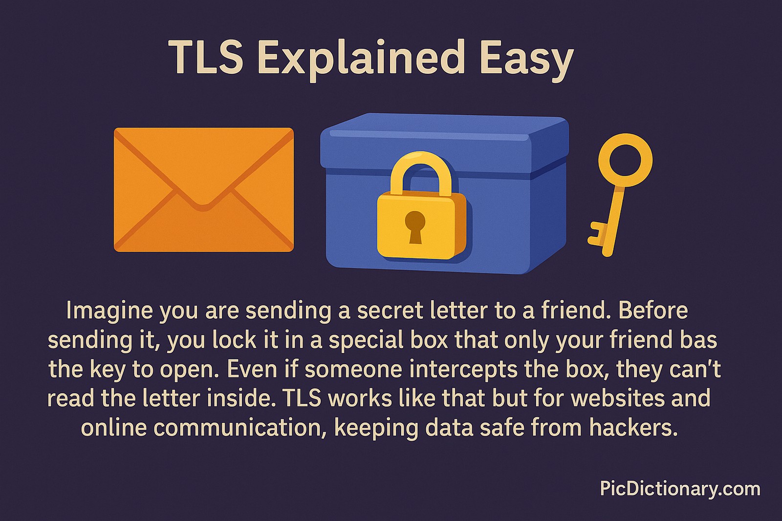 A 2D digital illustration against a dark purple background shows an orange envelope, a blue locked box, and a yellow key. Text beneath explains TLS with a metaphor: sending a secret letter locked in a box only the recipient can open, illustrating how TLS secures online communication.