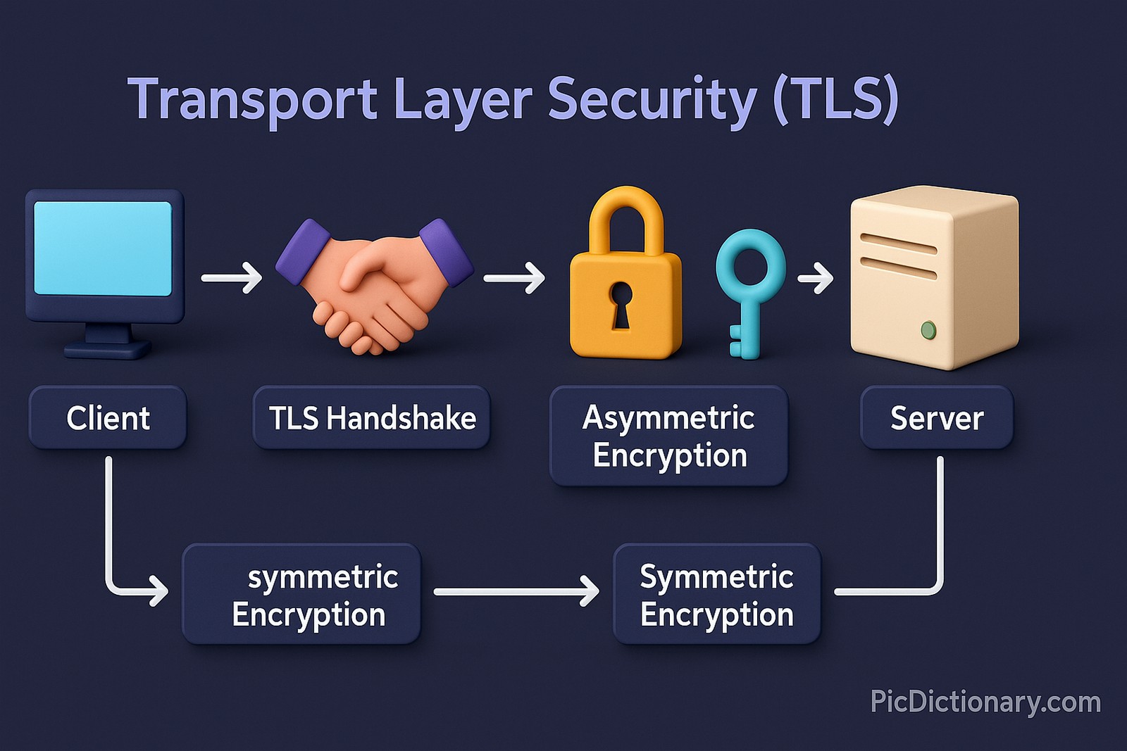 A 3D infographic titled "Transport Layer Security (TLS)" shows a step-by-step flow from a client computer to a server. It includes icons for a handshake (TLS Handshake), a lock and key (Asymmetric Encryption), and both ends showing symmetric encryption arrows, indicating secure data exchange.