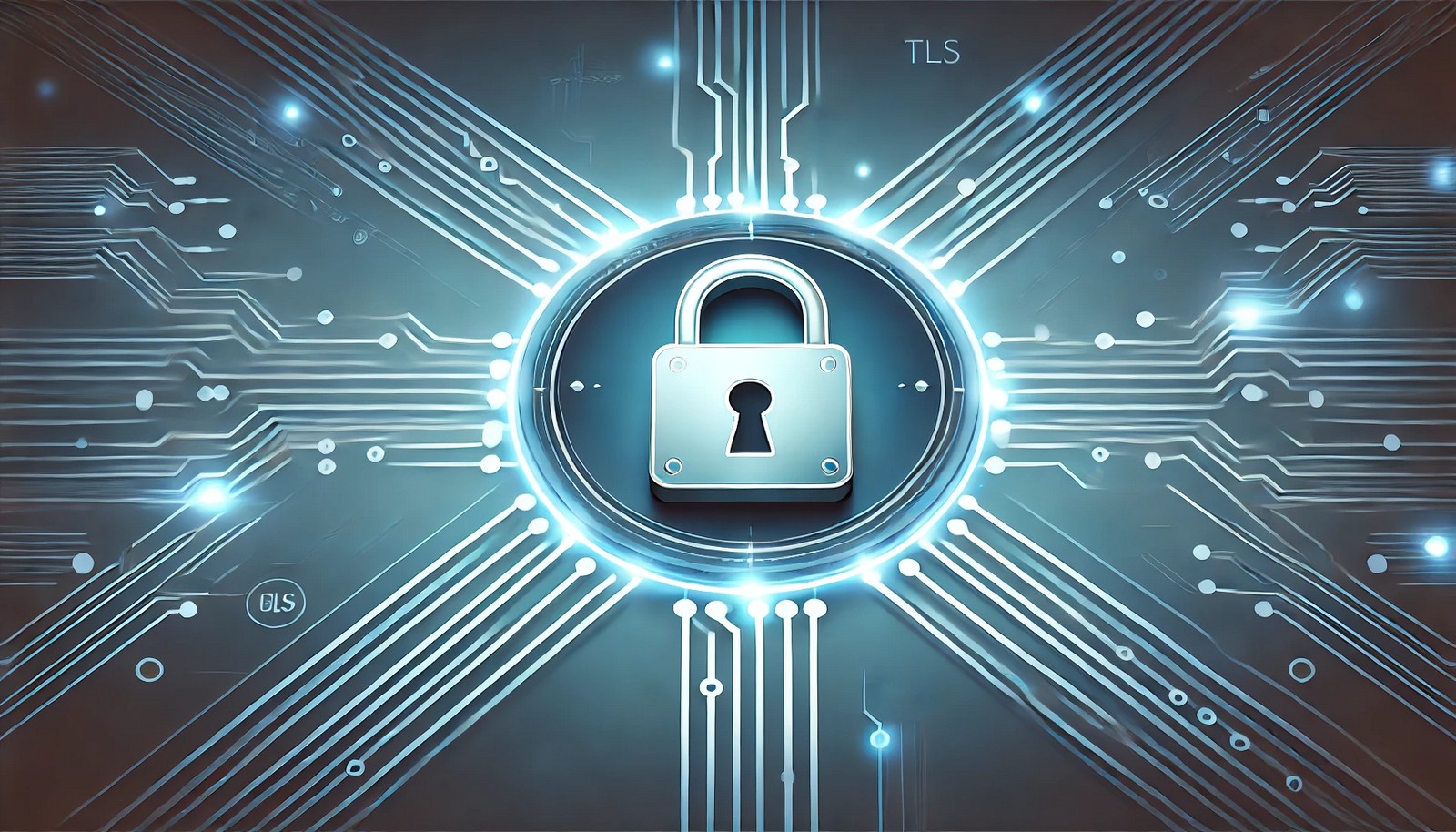  A digital illustration showing a glowing padlock symbol over an encrypted data stream with two connected endpoints, representing TLS secure communication, surrounded by smooth blue gradients and circuit patterns.