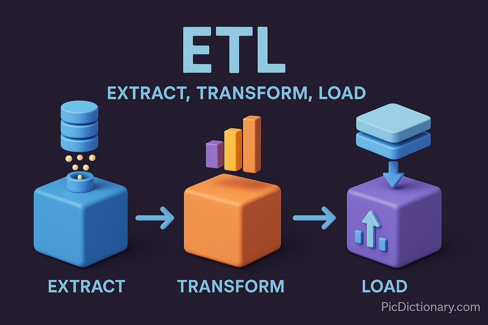 A 3D-rendered digital illustration depicts the ETL (Extract, Transform, Load) process. The image shows three colorful blocks—blue for "Extract" with a database icon dropping data, orange for "Transform" with bar chart elements, and purple for "Load" with stacked data being inserted. Curved arrows link the blocks, showing the flow from extract to transform to load.