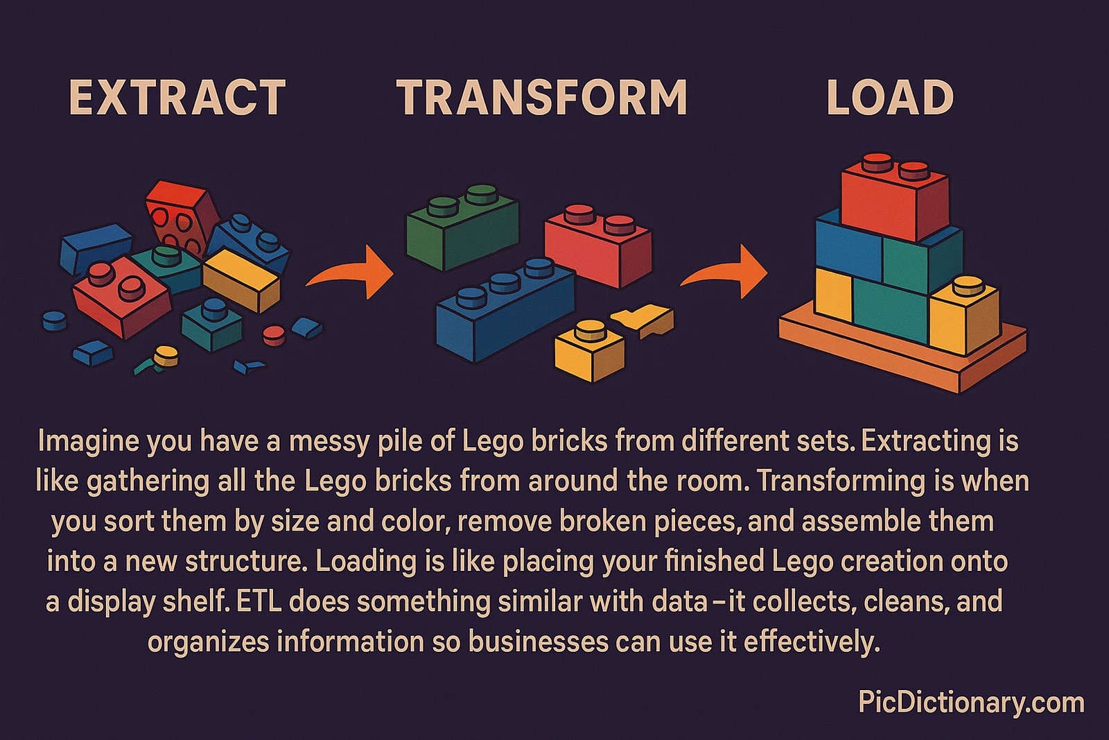A 2D digital illustration infographic set against a dark purple background visually explains the ETL (Extract, Transform, Load) process using Lego bricks. The image is divided into three labeled sections: "EXTRACT" shows a scattered pile of colorful Lego bricks, "TRANSFORM" shows the bricks sorted by size and color, and "LOAD" shows a neat Lego structure placed on a display shelf. 