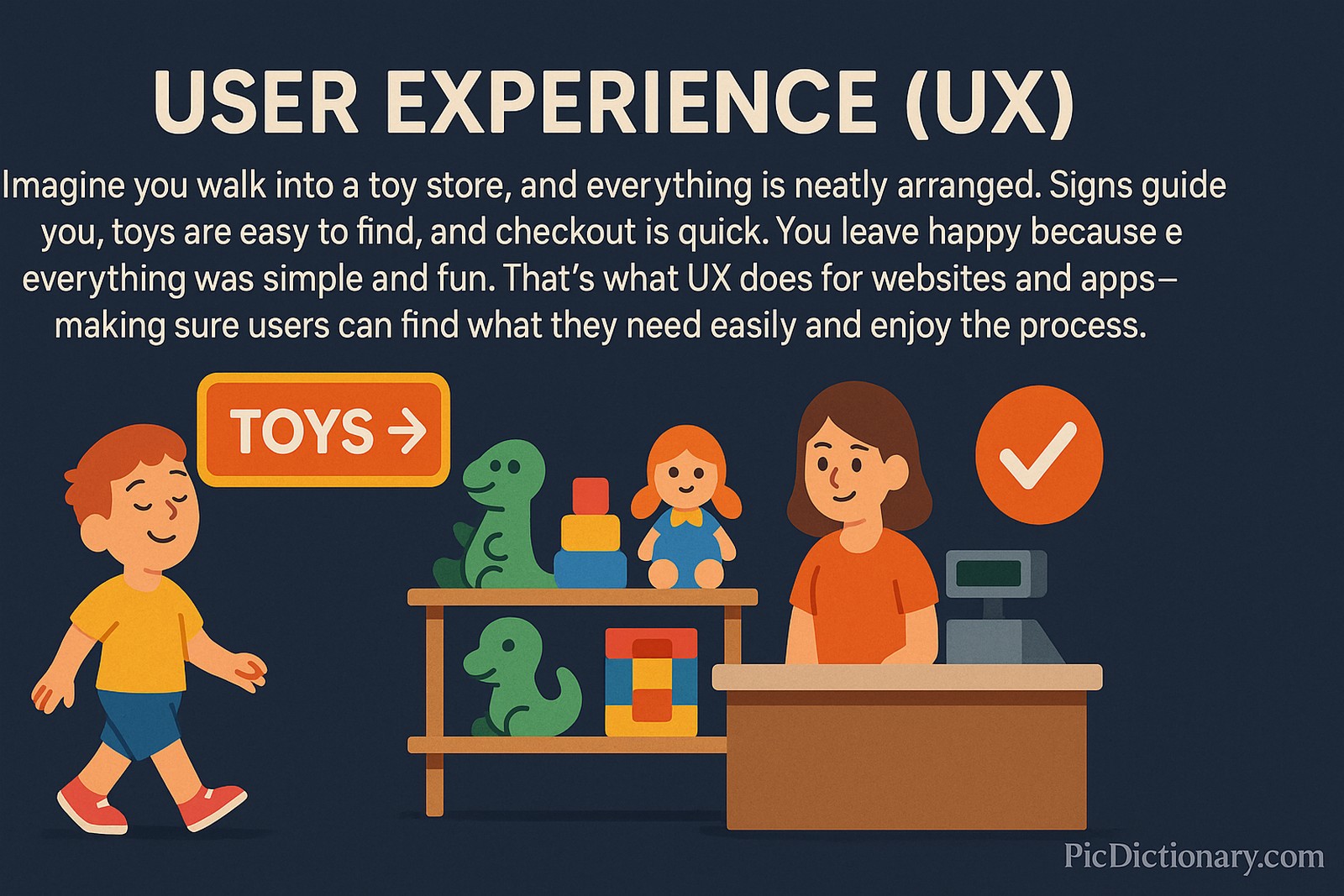A flat-style digital illustration of a toy store scene representing User Experience (UX). A smiling boy follows a clear “TOYS” sign toward shelves neatly arranged with toys like dinosaurs and blocks. A friendly cashier stands at a checkout counter with a visible register and a checkmark icon, all under the explanatory text about UX