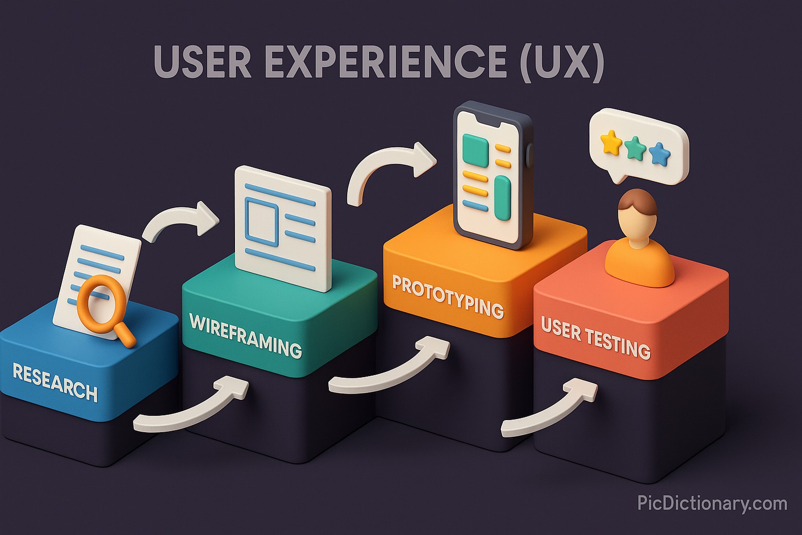 A 3D digital infographic illustrates the user experience (UX) workflow using a four-step process: "Research," "Wireframing," "Prototyping," and "User Testing." Each step is depicted on a separate colorful cube with corresponding icons—a magnifying glass, wireframe, smartphone, and user feedback bubbles. Curved white arrows connect each stage, visually guiding the viewer through the process. 