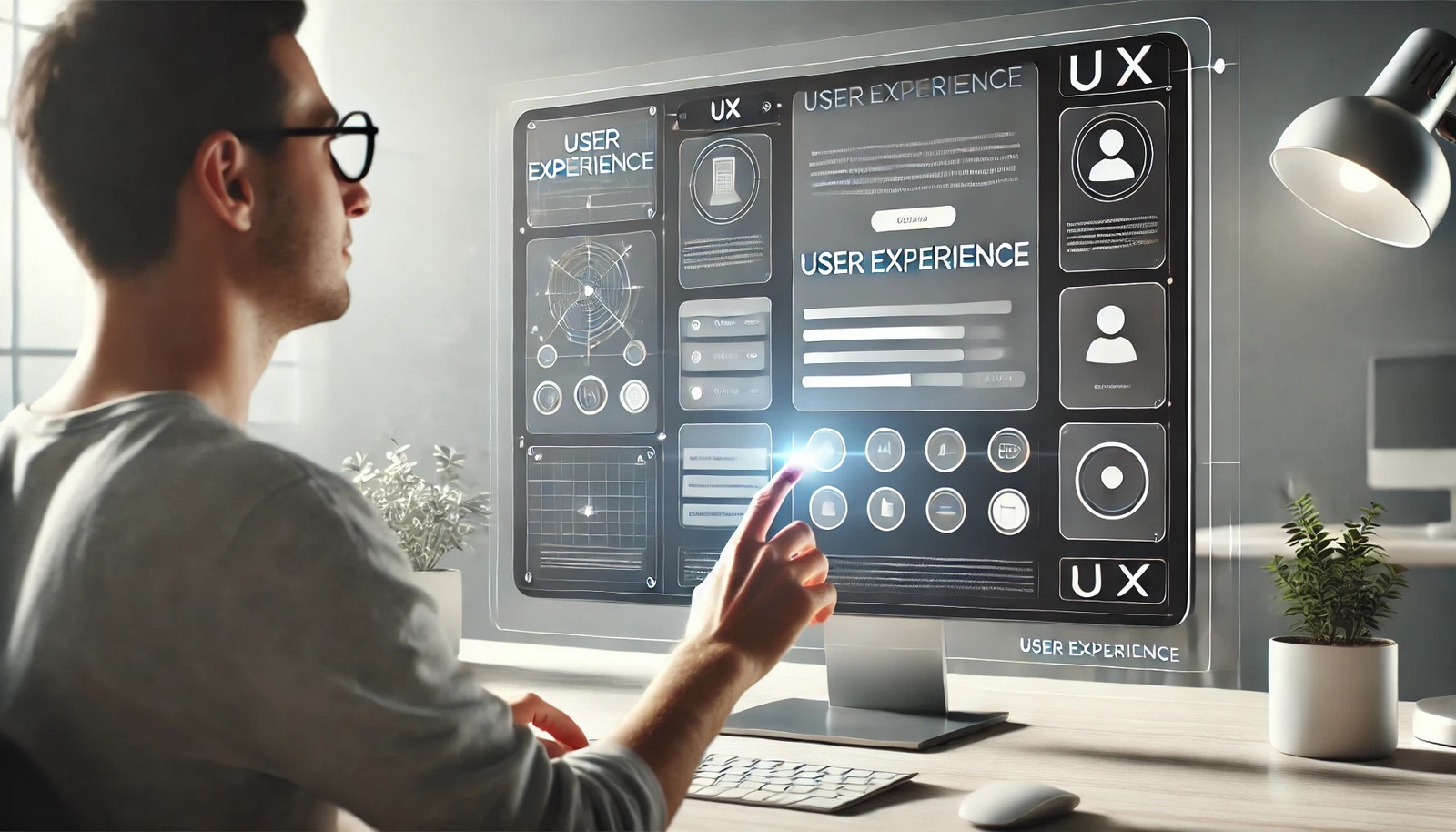  A clean digital illustration of a person interacting with a modern, intuitive website interface on a large screen, featuring simple buttons and menus, highlighting seamless navigation in a user-friendly environment.