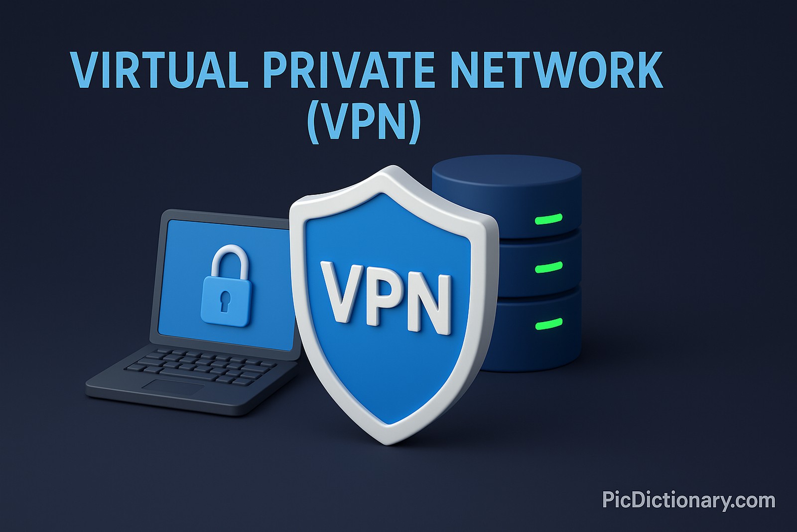 A 3D-rendered digital image features a shield symbol with "VPN" boldly written on it, placed prominently in front of a laptop displaying a padlock icon and a server with glowing green indicators. The background is a dark blue gradient, and the title "Virtual Private Network (VPN)" is displayed above