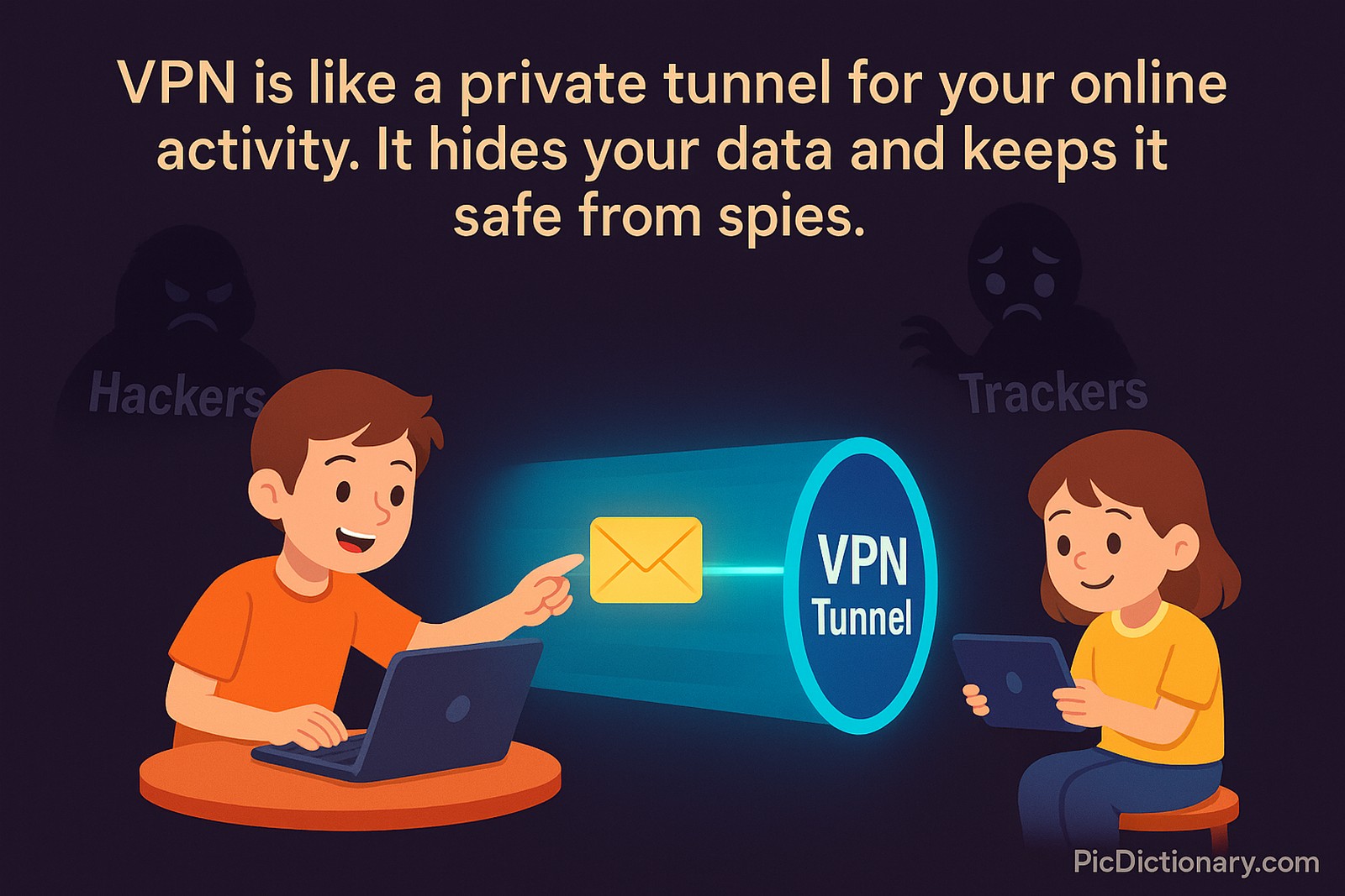 A 2D or 3D illustration showing a child sending a glowing message through a secure, glowing tunnel labeled "VPN Tunnel" to a friend on the other side. Around the tunnel, shadowy cartoon figures labeled “Hackers” or “Trackers” are shown being blocked or confused, unable to see inside. 