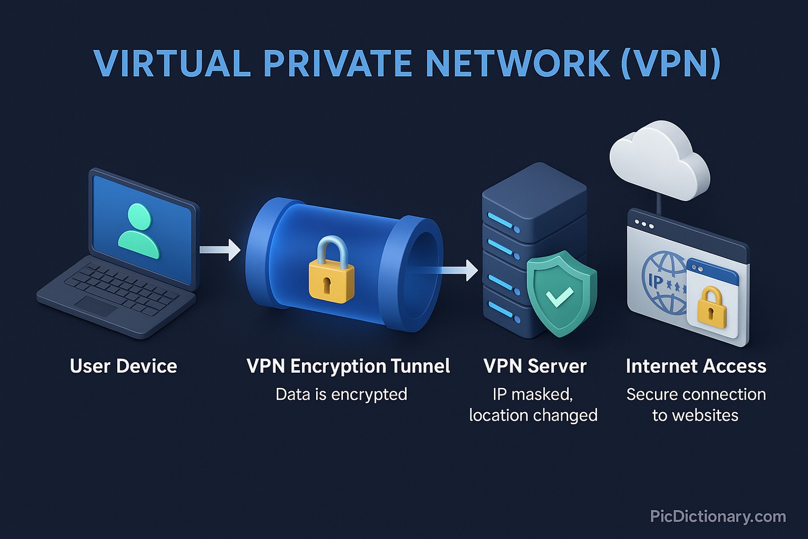 A 3D infographic-style illustration visually explaining how a Virtual Private Network (VPN) works. The image shows a user’s device (laptop or phone) on the left, connected via a glowing tunnel to a VPN server in the middle, and then to various online destinations (websites, cloud services) on the right.
