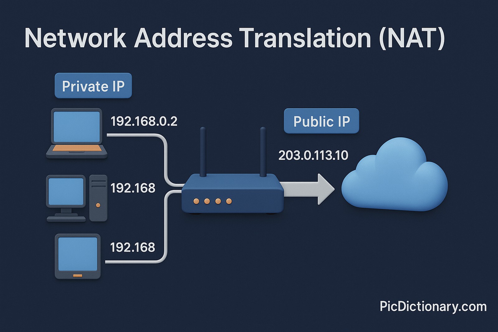 3D rendered illustration visualizing the concept of Network Address Translation (NAT). The image shows a router in the center acting as a bridge between two network zones: a group of devices on a private IP network on the left, and the internet cloud with public IP addresses on the right. Each private device connects to the router, which rewrites their IP addresses before sending traffic to the public network. 