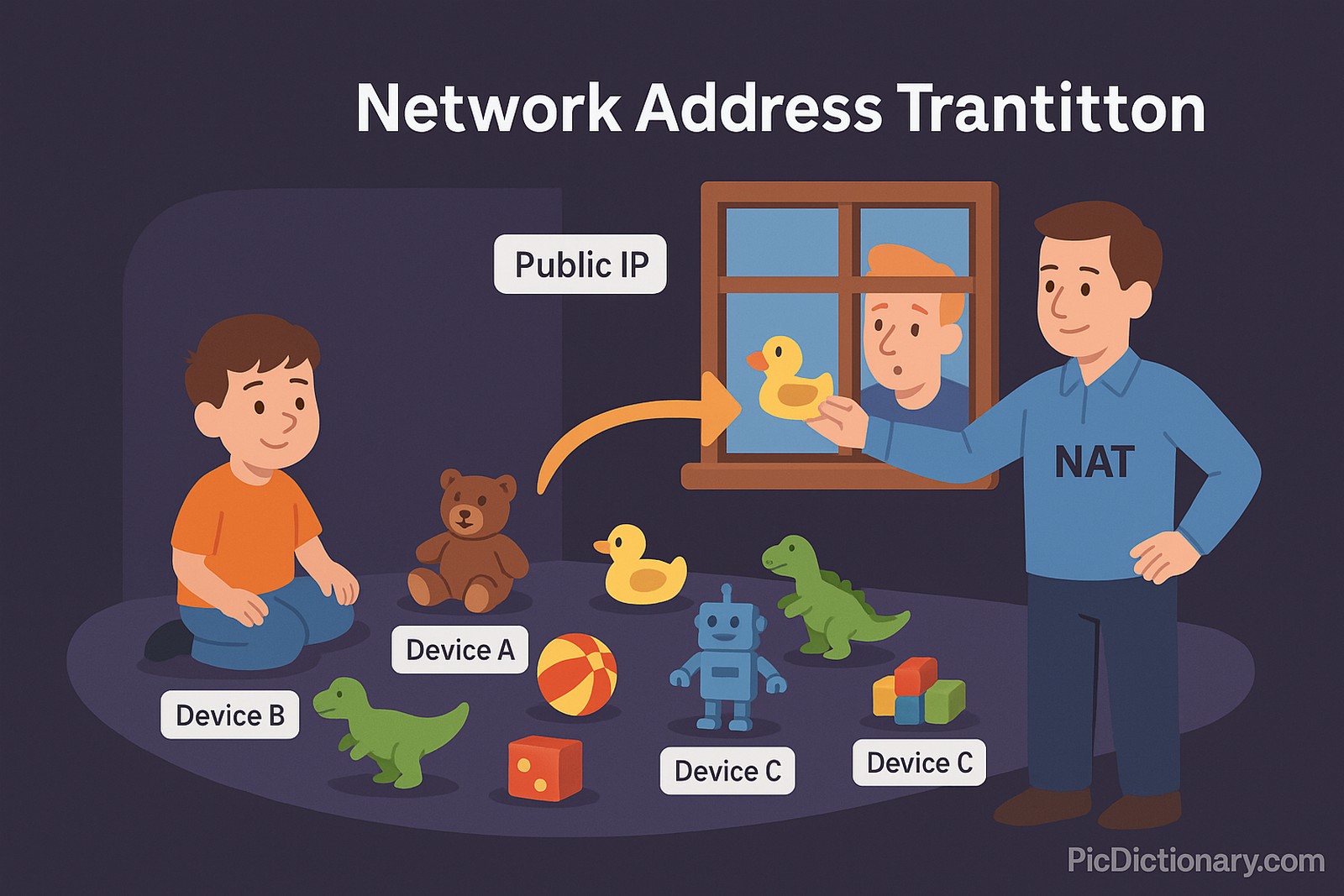 A 2D or 3D illustrated scene showing a child in a room filled with many colorful toys. The room has a single window facing the outside world. Outside the window, a curious person is peeking in. A parent figure stands near the window, selectively holding up one toy at a time for the person outside to see. A small label above the window reads “Public IP,” while multiple toys inside the room are tagged “Device A,” “Device B,” etc., representing internal devices. 