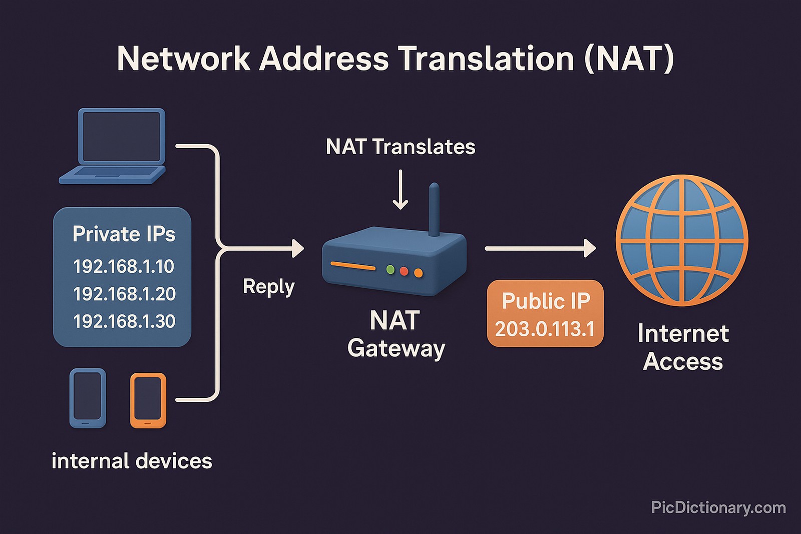 3D infographic illustration of Network Address Translation (NAT) process, showing a step-by-step flow. The left side depicts multiple internal devices (e.g., laptop, phone, tablet) each with private IP addresses (e.g., 192.168.x.x). These are connected to a router or NAT device at the center, labeled “NAT Gateway”. From the NAT device, a single public IP (e.g., 203.0.113.1) connects outward to the internet on the right side. 