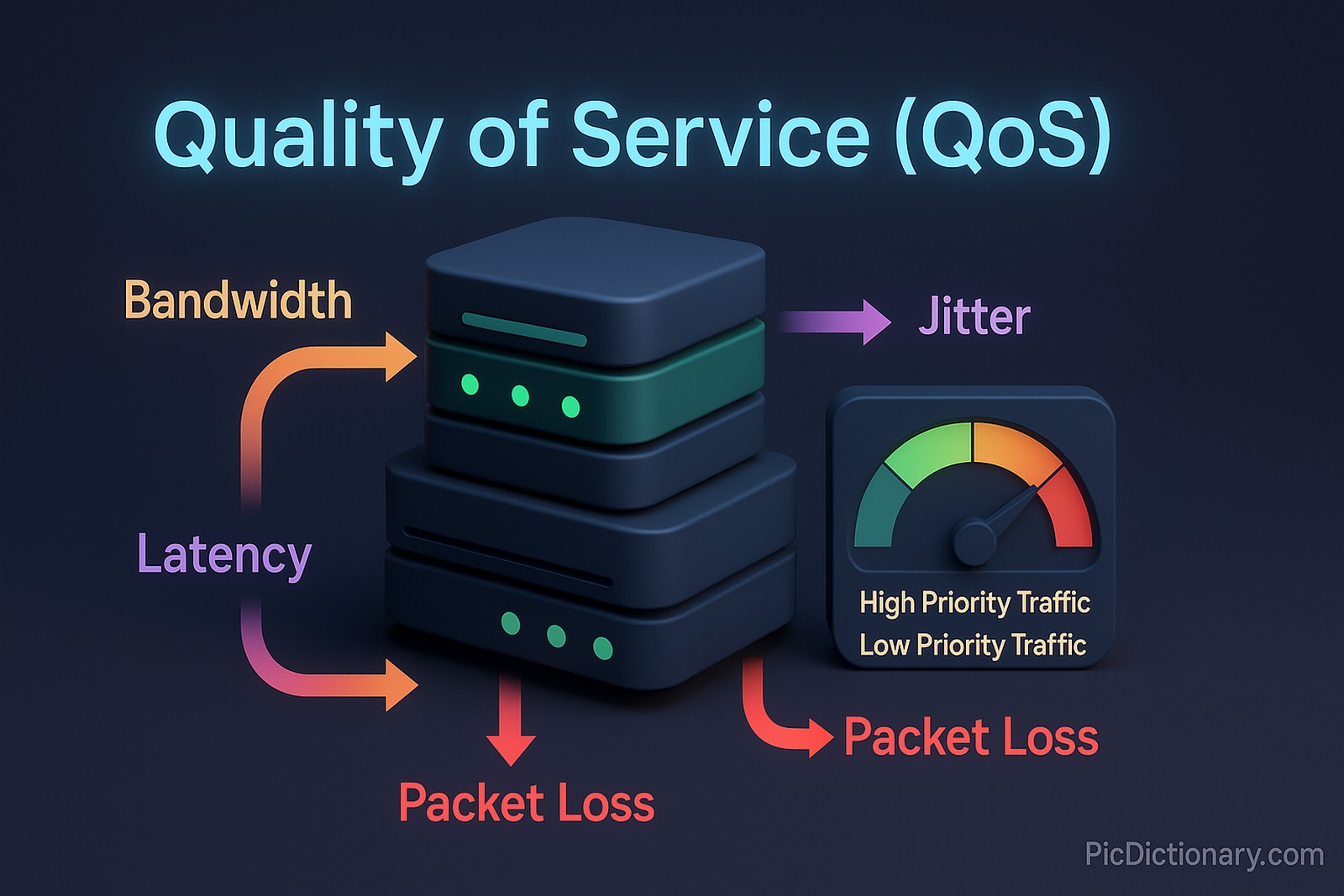 3D rendered infographic-style image illustrating "Quality of Service (QoS)" in a networking context. The image features a glowing title “Quality of Service (QoS)” at the top center. Visuals include stacked network devices like routers and switches, with arrows flowing between them labeled with terms like "Bandwidth," "Latency," "Jitter," and "Packet Loss." A digital dashboard gauge shows “High Priority Traffic” vs “Low Priority Traffic.