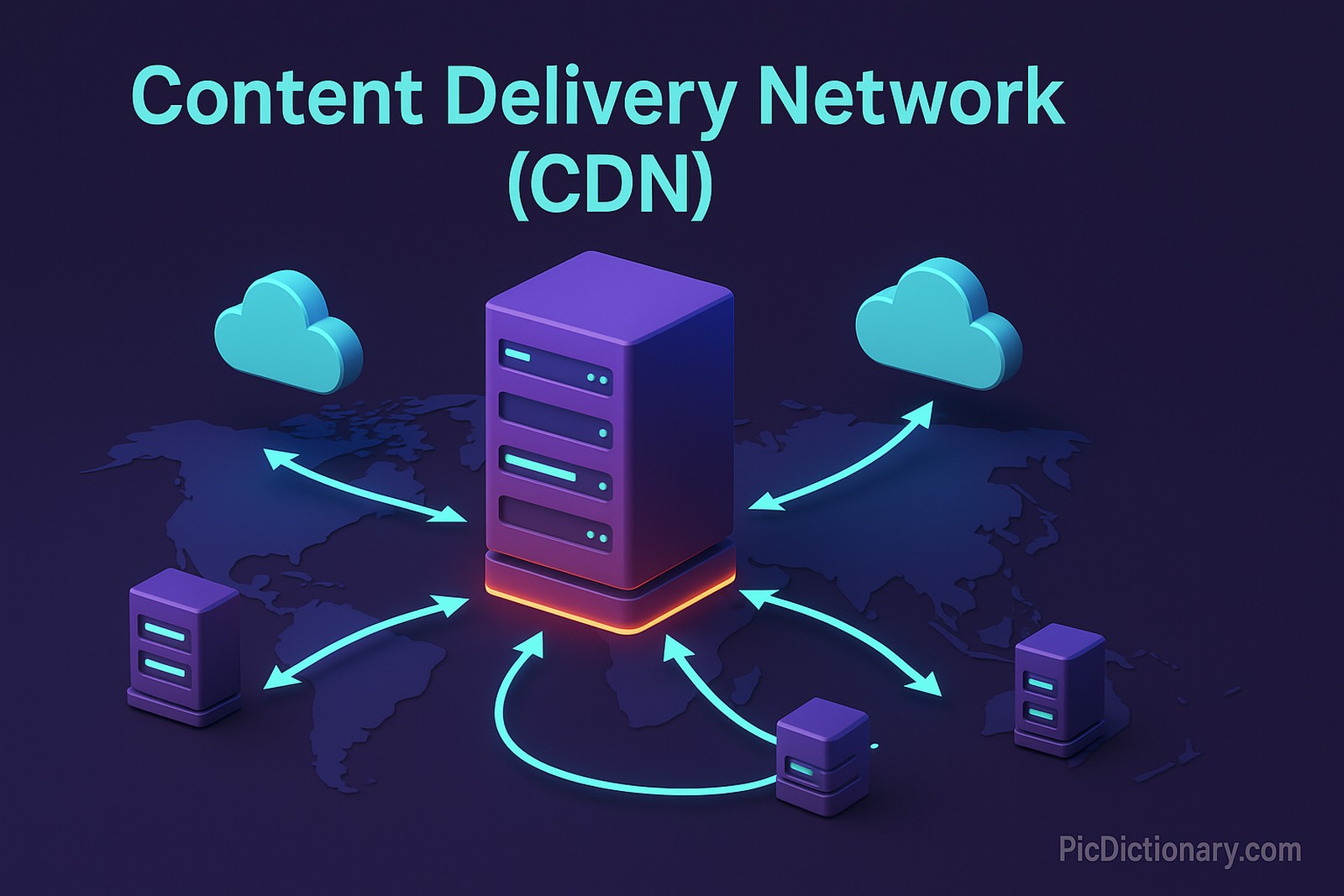 A 3D rendered illustration showing the concept of a Content Delivery Network (CDN). The image features a central data server icon distributing data to multiple global nodes represented by cloud or server icons placed around a stylized world map. Arrows or glowing lines connect the central server to various edge locations, symbolizing fast and distributed content delivery.