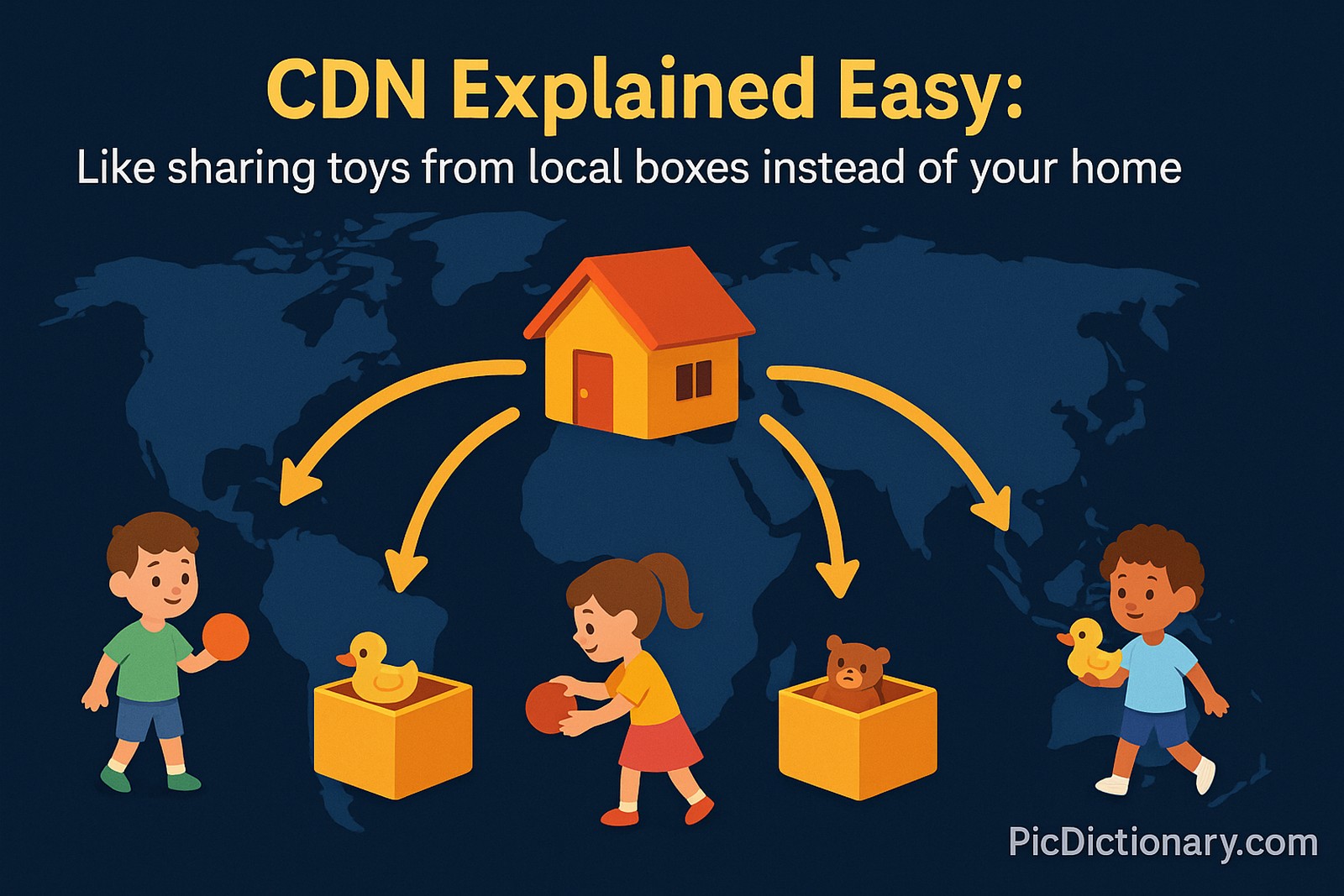 3D-style illustration with a dark background showing a simplified global map dotted with small toy boxes in various cities. Arrows point from a central house (representing the origin server) to each toy box (representing CDN edge servers). Children representing users are shown picking up toys from the nearest toy box, not the house.