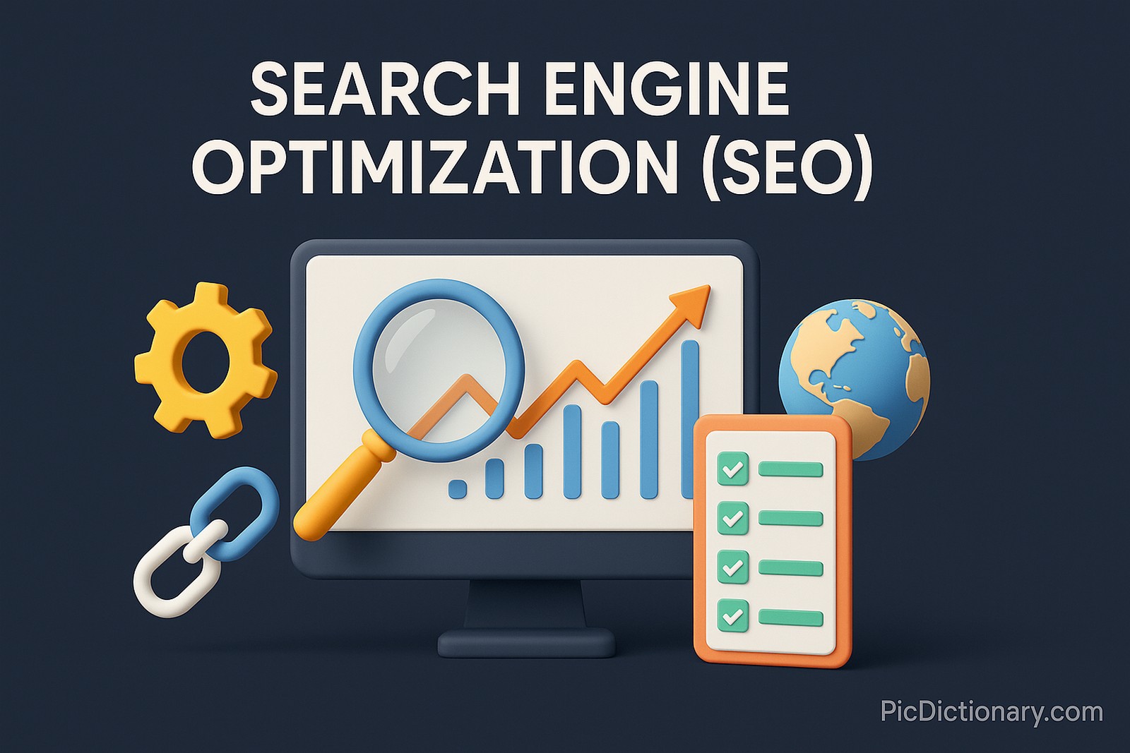  3D rendered infographic-style image illustrating the concept of Search Engine Optimization (SEO). The central visual shows a large desktop screen displaying a rising line graph with a magnifying glass symbolizing search. Surrounding it are 3D icons such as a gear (for optimization), chain links (for backlinks), a globe (representing web reach), and a checklist (for on-page SEO). 
