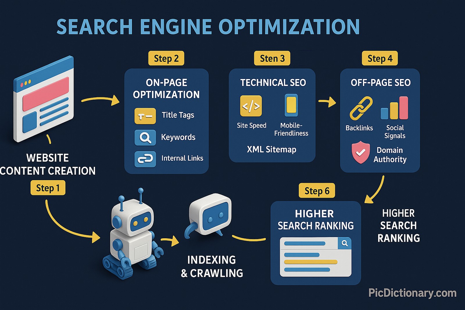 A 3D infographic in 16:9 aspect ratio with a dark-shaded background showing the step-by-step process of Search Engine Optimization (SEO). The flow starts with a website illustration labeled “Website Content Creation” (Step 1), followed by “On-Page Optimization” with icons for title tags, keywords, and internal links. Next is “Technical SEO,” showing elements like site speed, mobile-friendliness, and XML sitemap. The fourth step is “Off-Page SEO,” featuring backlinks, social signals, and domain authority visuals. Then comes “Indexing & Crawling,” with a 3D search engine bot crawling the site. Finally, “Higher Search Ranking” displays a search results page with the optimized site ranking at the top. Each step is clearly labeled in concise text. 