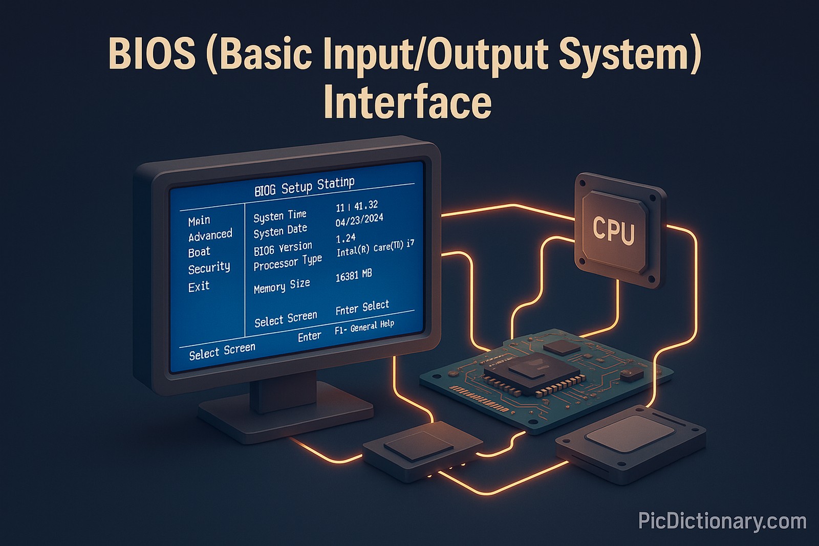 3D rendered featured image illustrating the BIOS (Basic Input/Output System) interface. A vintage-style computer monitor displays a blue BIOS setup screen with system configuration options. The monitor is surrounded by hardware elements like CPU, RAM, and motherboard, with digital lines connecting them to represent communication during system boot. 