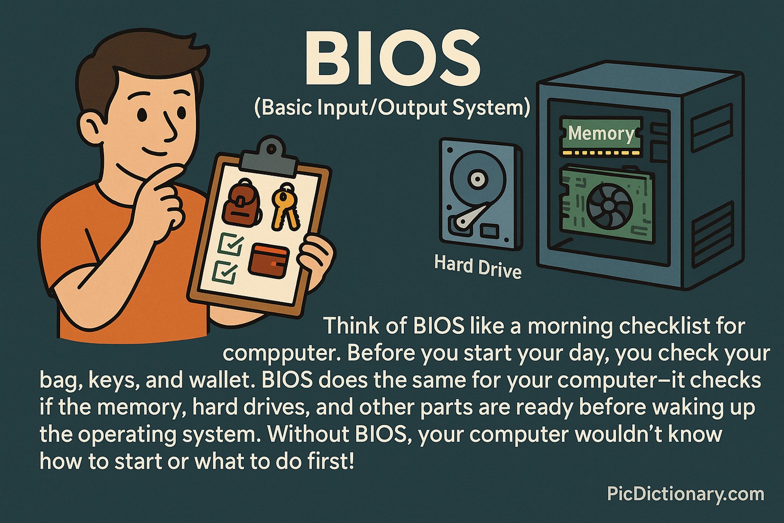A 2D digital illustration explains BIOS (Basic Input/Output System) using a morning checklist analogy. On the left, a person holds a clipboard with icons for a backpack, keys, and wallet, symbolizing readiness. On the right, a computer tower is shown with labeled internal components like "Memory" and "Hard Drive." The text below compares BIOS to checking essentials before starting your day, explaining how BIOS checks the computer’s components before launching the operating system. 