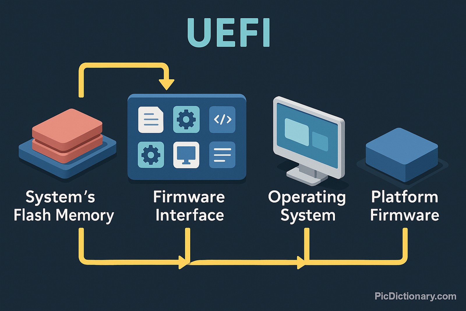 A 2D digital infographic depicts UEFI (Unified Extensible Firmware Interface) using an isometric design on a dark blue background. It shows a workflow from “System’s Flash Memory” to “Firmware Interface,” then to “Operating System,” and finally to “Platform Firmware.” Each stage is represented by a distinct 3D-style icon—stacked chips, a settings dashboard, a monitor, and a block.
